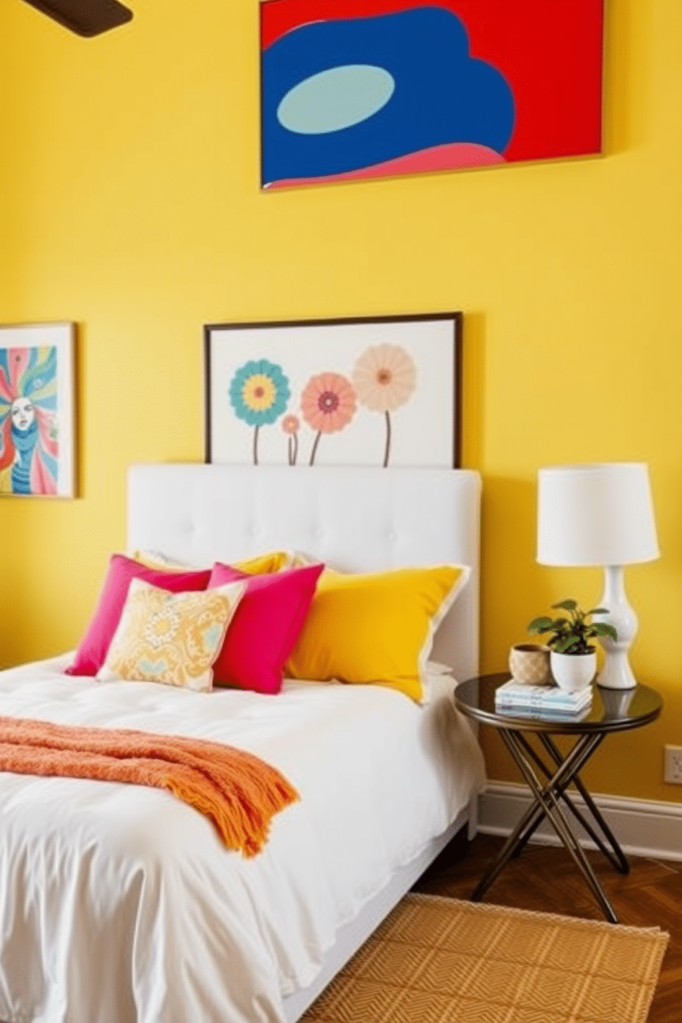 Create a vibrant summer bedroom that exudes energy and warmth. The walls are painted in a soft yellow hue, adorned with bold and colorful artwork that adds a lively touch to the space. Incorporate a plush white bed with bright throw pillows and a lightweight, patterned duvet. A stylish bedside table holds a unique lamp and a small potted plant, bringing a touch of nature indoors.