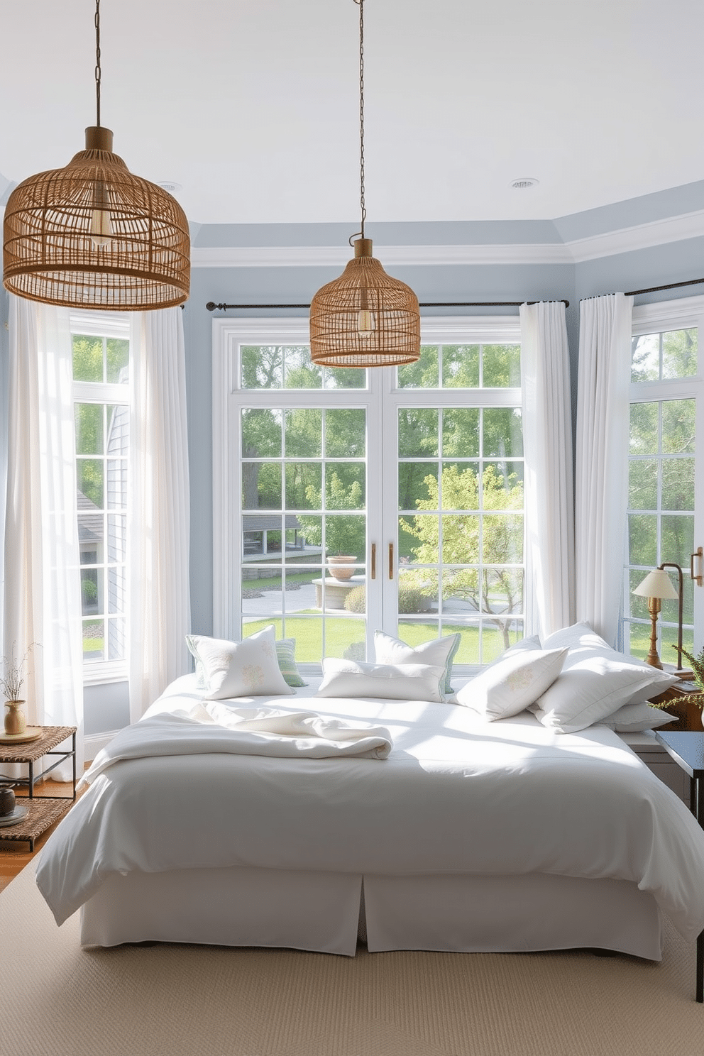 A serene summer bedroom filled with natural light. The walls are painted in a soft sky blue, and large windows draped with sheer white curtains open up to a lush garden view. In the center of the room, a king-sized bed is adorned with crisp white linens and a collection of pastel throw pillows. Outdoor-inspired lighting fixtures, such as a woven pendant light and brass sconces, create a warm and inviting ambiance.