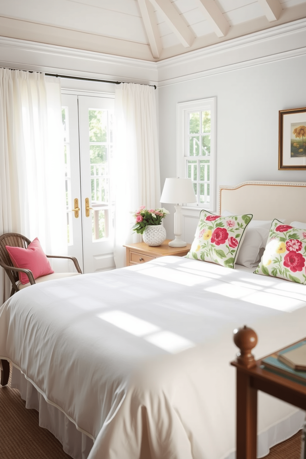 A bright and airy summer bedroom featuring a large bed dressed in crisp white linens. The bed is adorned with floral patterned throw pillows in vibrant colors, adding a touch of nature-inspired charm. Natural light floods the room through sheer curtains, enhancing the cheerful atmosphere. A cozy reading nook is set up in the corner with a comfortable chair and a small side table, perfect for enjoying a good book.