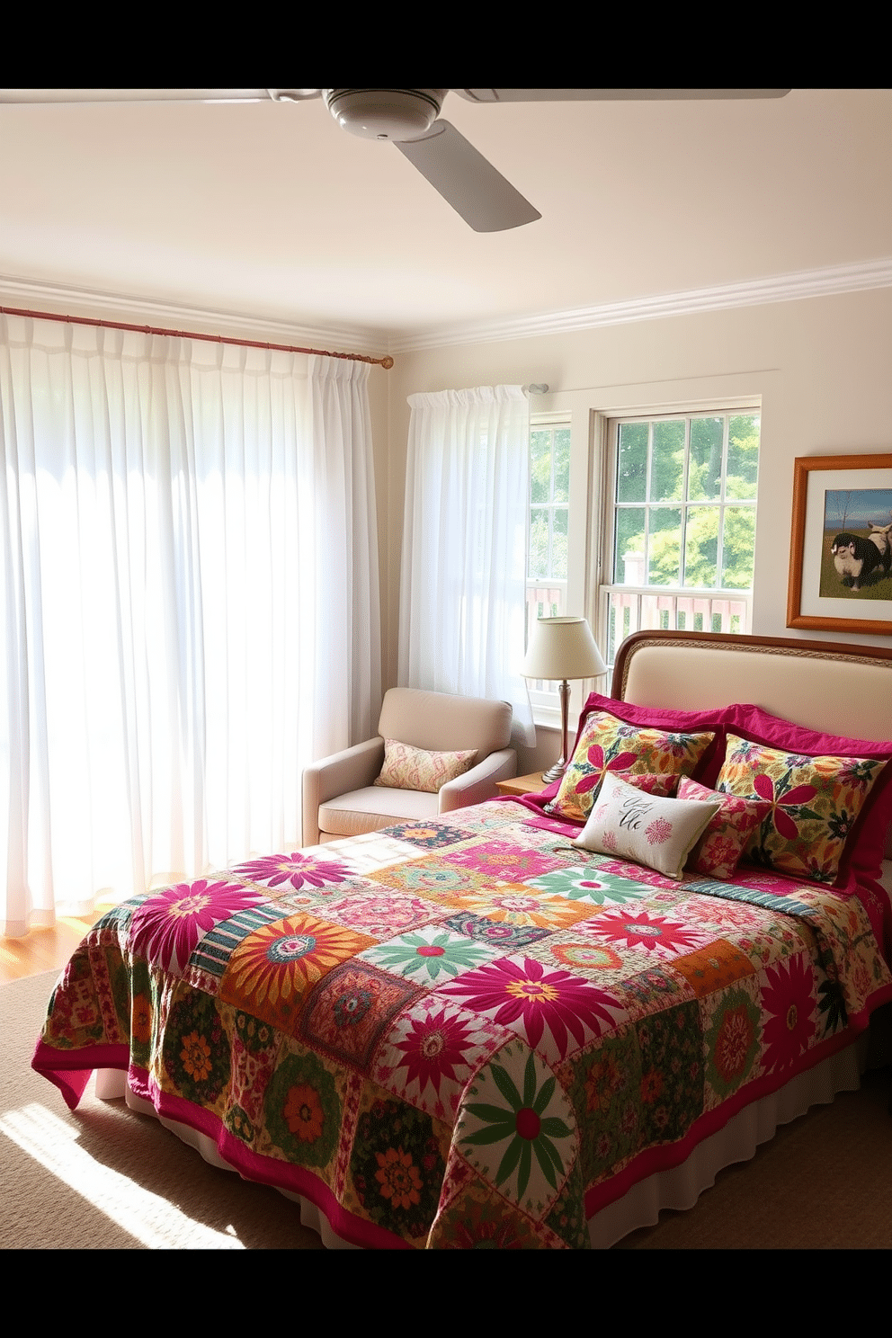 A summer bedroom filled with vibrant energy. The bed is adorned with a colorful quilt featuring a mix of bold patterns and hues, creating a cheerful focal point in the room. Natural light floods in through large windows draped with sheer white curtains. A cozy reading nook with a plush armchair and a small side table is positioned near the window, inviting relaxation.