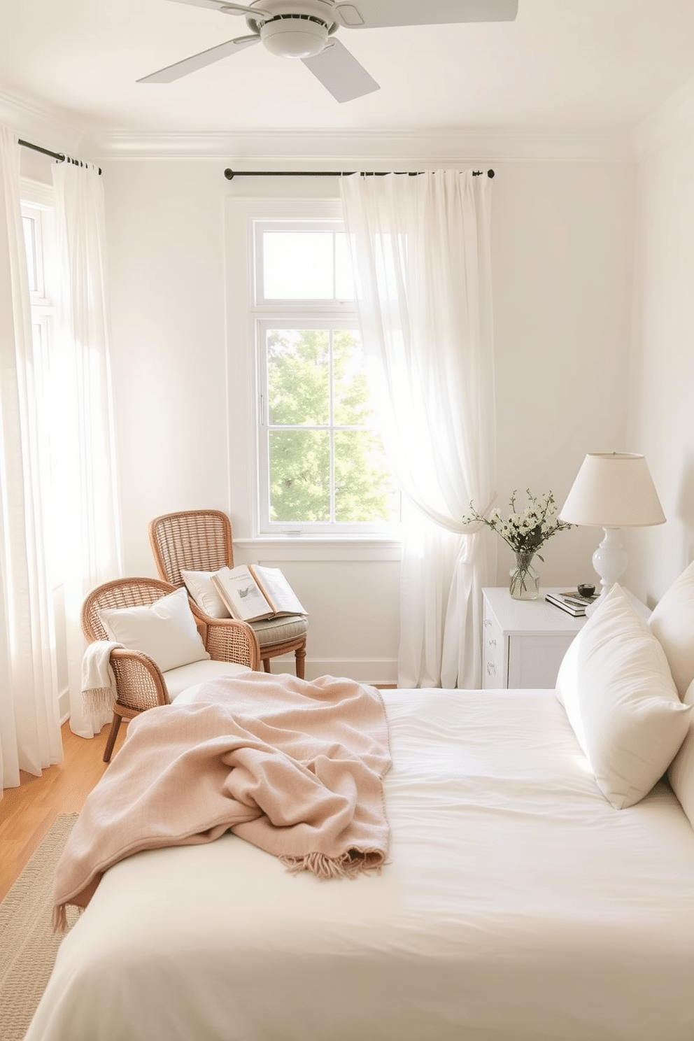 A bright and airy summer bedroom features light-colored walls that enhance the natural sunlight streaming in. The bed is adorned with crisp white linens and a soft pastel throw blanket, creating a fresh and inviting atmosphere. To replace heavy curtains, sheer drapes gently flutter in the breeze, allowing for a seamless connection to the outdoors. A cozy reading nook is set up in one corner, complete with a comfortable chair and a small side table for a perfect summer retreat.