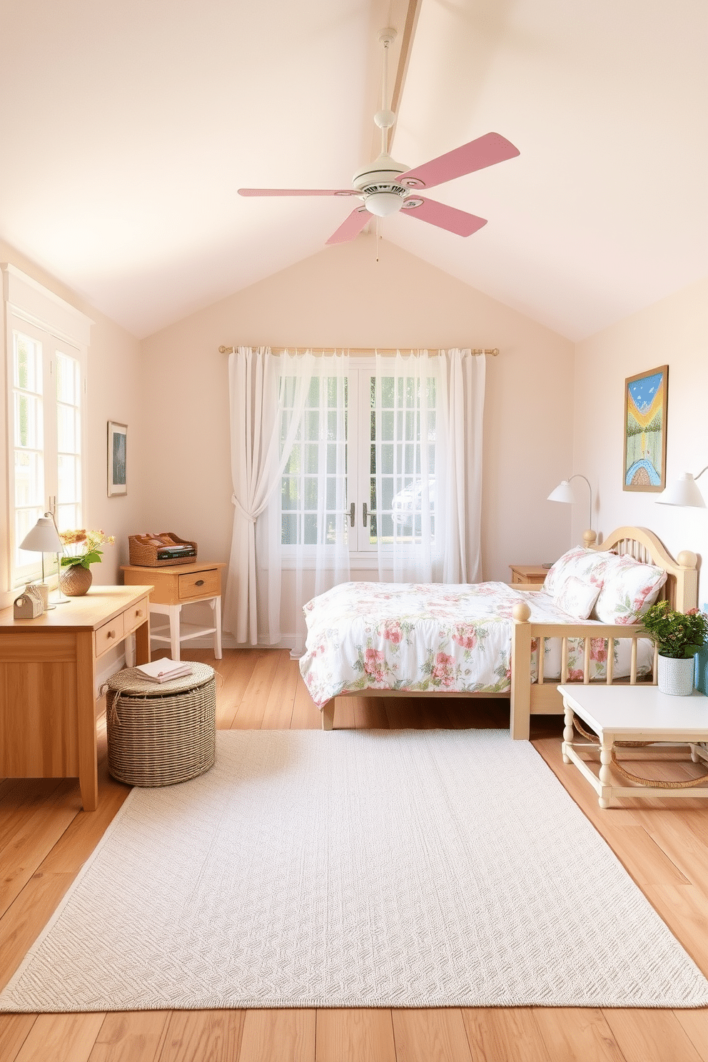 A bright and airy summer bedroom features a light area rug that adds warmth to the space. The walls are painted in soft pastel hues, complemented by light wooden furniture that enhances the cheerful atmosphere. A large window allows natural light to flood in, adorned with sheer white curtains that flutter gently in the breeze. The bedding is a mix of floral patterns and solid colors, creating a cozy yet vibrant retreat for relaxation.