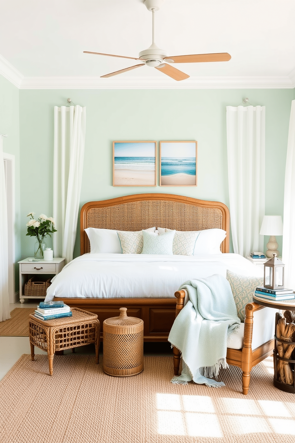 A bright and airy bedroom that captures the essence of summer. The walls are painted in a soft seafoam green, and light sheer curtains flutter gently in the ocean breeze. A large wooden bed frame with a white linen duvet is centered against the wall. Beach-themed decor elements such as a woven rattan headboard and seashell accent pillows add a coastal touch. A cozy reading nook is created with a comfortable armchair draped in a light blue throw blanket. A small side table holds a stack of beach-themed books and a decorative lantern. The floor is adorned with a light-colored jute rug that complements the beach vibe. Nautical-inspired artwork hangs above the bed, featuring serene ocean scenes and sun-kissed beaches.