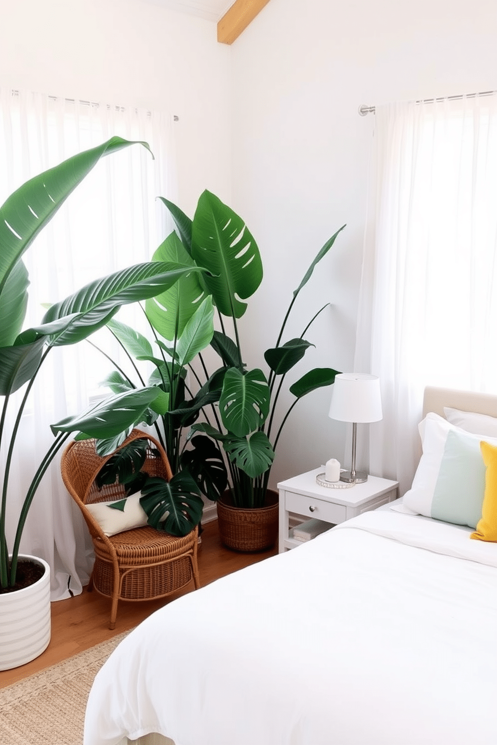 A serene summer bedroom oasis featuring large tropical plants placed strategically in the corners. The walls are painted in a soft pastel hue, and natural light floods the room through sheer curtains, creating a bright and airy atmosphere. A king-sized bed is adorned with crisp white linens and vibrant throw pillows in shades of green and yellow. A woven rattan chair sits beside the bed, adding a touch of natural texture and inviting relaxation.