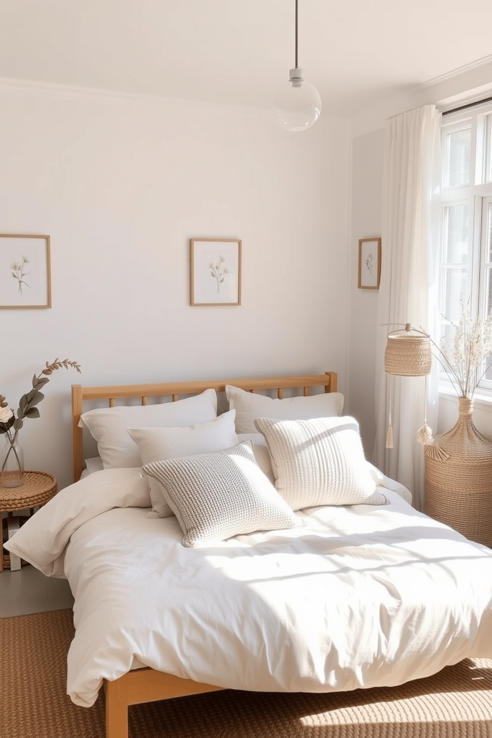 A bright and airy summer bedroom featuring light, flowing curtains that gently frame a large window. The walls are adorned with delicate wall art pieces that evoke a sense of tranquility and warmth. The bedding is layered with soft, pastel-colored linens, complemented by plush throw pillows in varying textures. A light wooden bed frame anchors the space, while a woven rug adds a cozy touch to the floor.