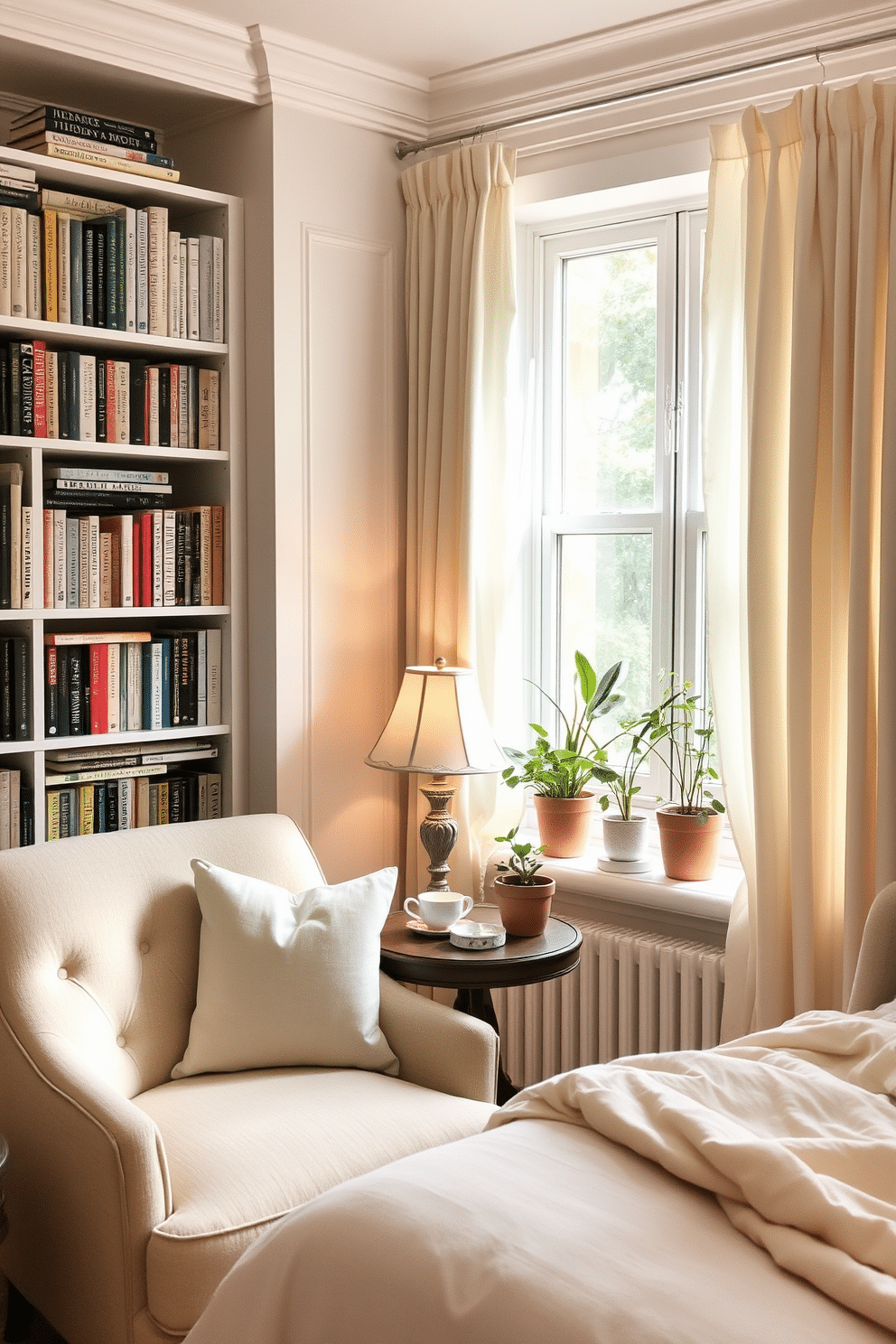 A cozy reading nook corner features a plush armchair upholstered in soft fabric, positioned next to a tall bookshelf filled with an array of books. A small side table holds a steaming cup of tea and a decorative lamp that casts a warm glow. Summer bedroom decorating ideas include light, airy curtains that flutter gently with the breeze and a bed adorned with soft pastel linens. Potted plants are placed on the windowsill, bringing a touch of nature indoors and enhancing the serene atmosphere.