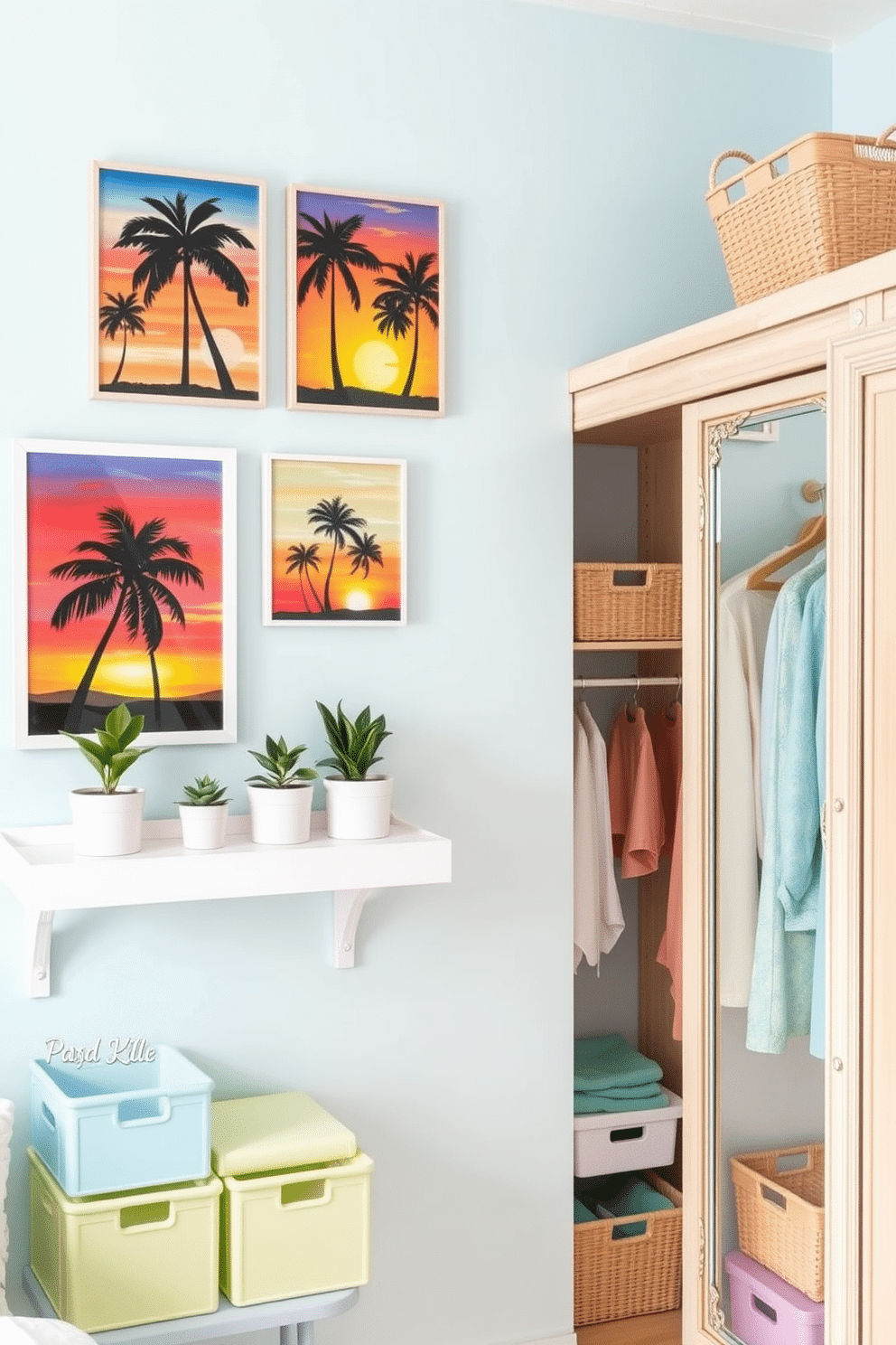 Colorful summer-themed wall art displays vibrant tropical prints featuring palm trees and sunsets. The artwork is arranged in a gallery style on a light blue wall, complemented by a sleek white shelf holding small potted plants. Summer closet decorating ideas include pastel-colored storage bins and woven baskets to organize accessories. The closet features a light wood wardrobe and a full-length mirror with a decorative frame, creating a bright and inviting space.