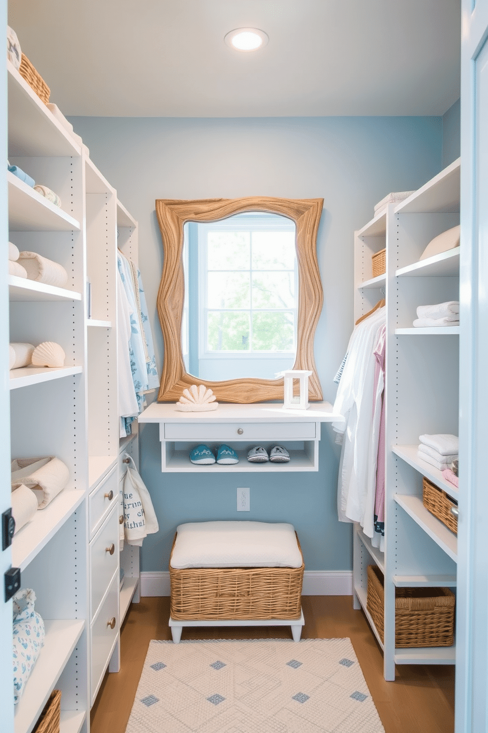 A bright and airy summer closet featuring coastal color palettes of soft blues and crisp whites. The walls are painted in a light sky blue, while the shelving units are white, creating a refreshing and organized space. Delicate seashell accents adorn the closet, adding a touch of beach-inspired charm. A large mirror with a driftwood frame reflects the natural light, enhancing the overall coastal vibe.