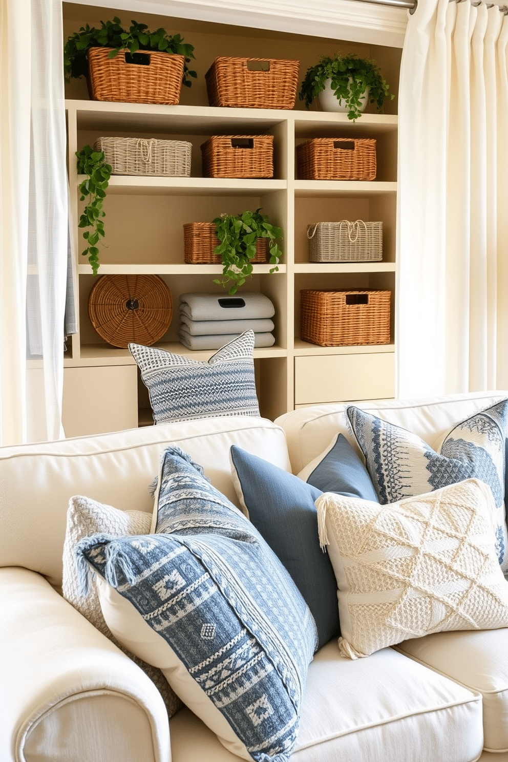 Textured throw pillows in various shades of blue and cream are arranged on a plush white sofa, adding layers of comfort and style to the living room. The pillows feature intricate patterns and fabrics, creating an inviting and cozy atmosphere. Summer closet decorating ideas include light-colored wooden shelves adorned with woven baskets for storage and fresh greenery for a pop of color. Soft, sheer curtains frame the closet space, allowing natural light to illuminate the organized and airy environment.