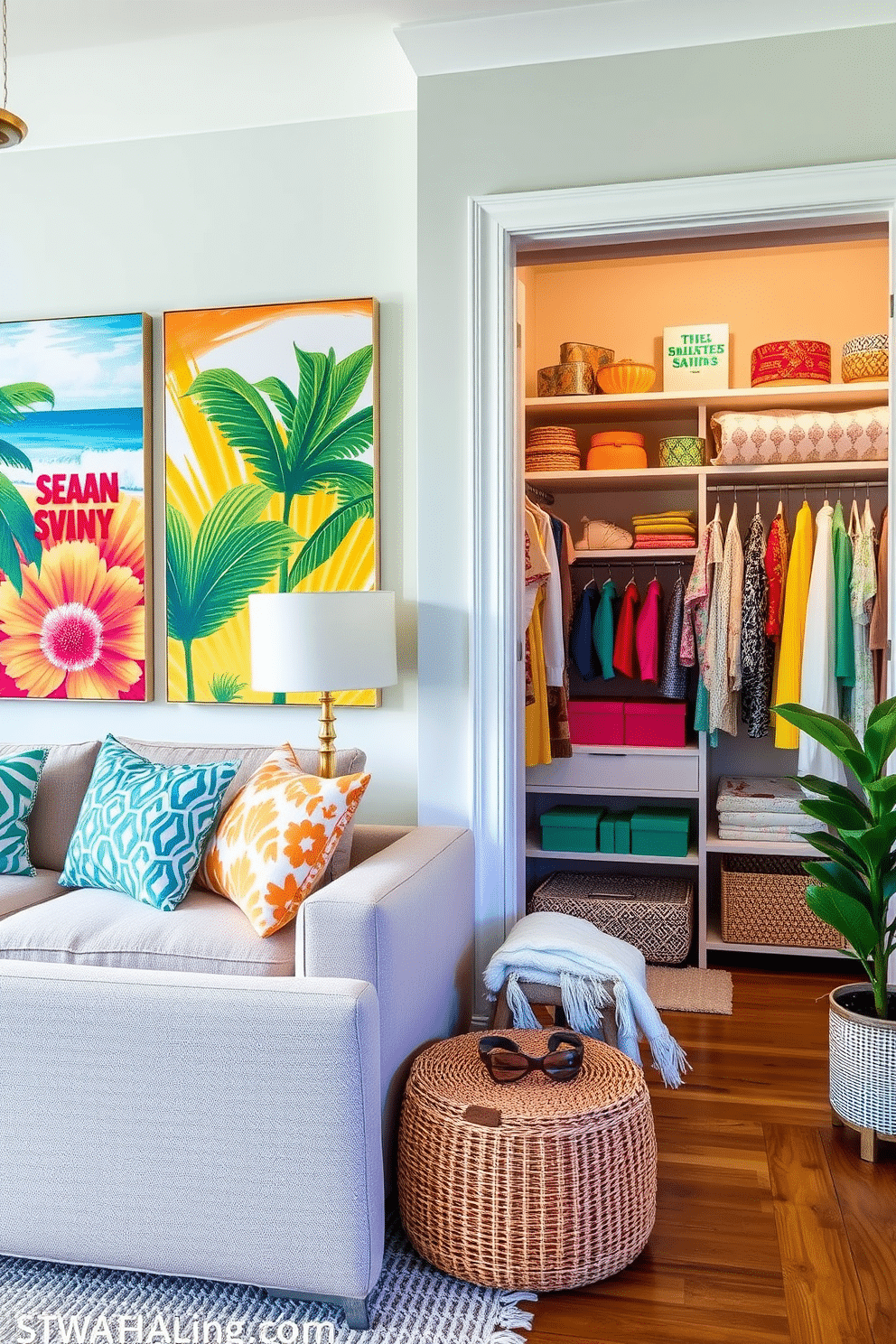 A vibrant living room adorned with seasonal artwork that reflects summer vibes. The walls are decorated with large canvases featuring bright colors and tropical themes, creating a lively atmosphere. A stylish closet designed with summer decorating ideas. The shelves are lined with colorful accessories and light fabrics, while the walls are painted in a soft pastel hue to enhance the cheerful summer feel.