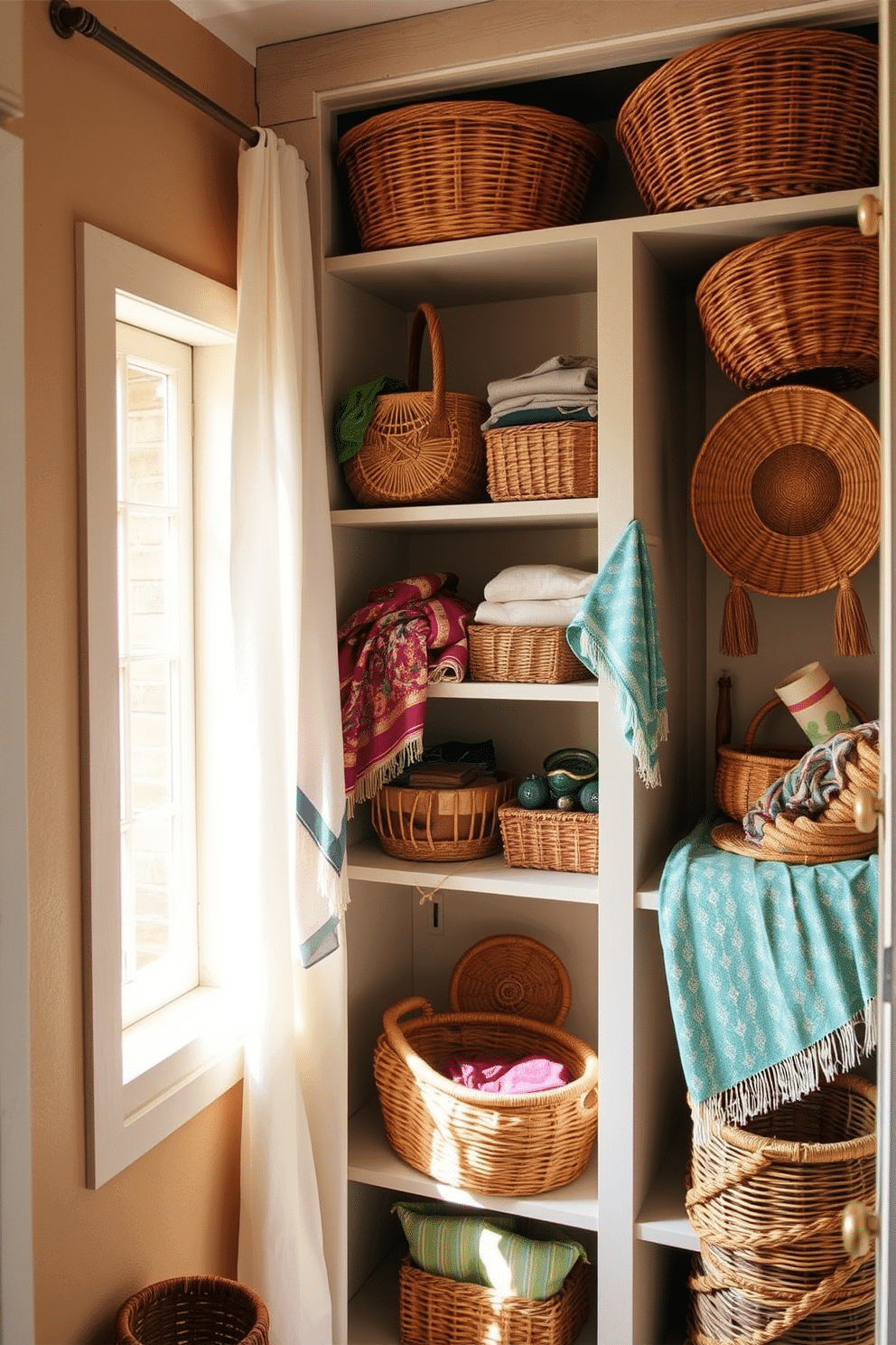 A cozy summer closet filled with rattan baskets adds a bohemian touch. The baskets are arranged on open shelves, showcasing vibrant textiles and accessories that reflect a laid-back, stylish vibe. Natural light pours in through a nearby window, illuminating the warm tones of the rattan. Soft, earthy colors on the walls complement the woven textures, creating a serene and inviting atmosphere.