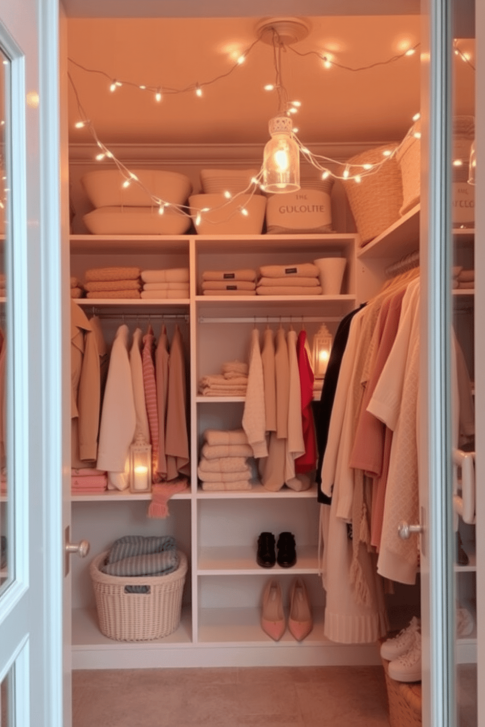 A cozy summer closet filled with light and airy vibes. Soft pastel colors dominate the space, with shelves neatly organized and adorned with seasonal clothing and accessories. Mood lighting is created with delicate fairy lights draped across the ceiling and lanterns placed on the shelves. The warm glow enhances the inviting atmosphere, making the closet feel like a serene retreat.