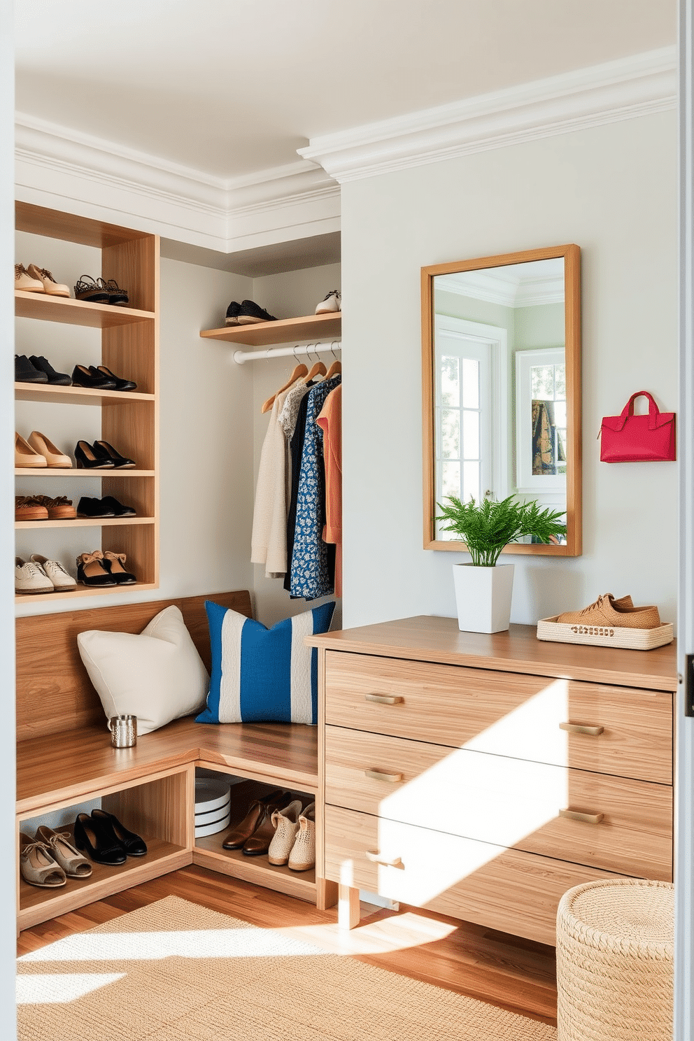 A stylish summer closet featuring functional furniture that seamlessly blends with decor. The space includes a sleek wooden bench with built-in storage, adorned with colorful cushions and a small potted plant on top. The walls are painted in a soft pastel hue, complemented by open shelving displaying neatly arranged shoes and accessories. A large mirror with a minimalist frame hangs above a chic dresser, reflecting natural light and enhancing the airy feel of the closet.