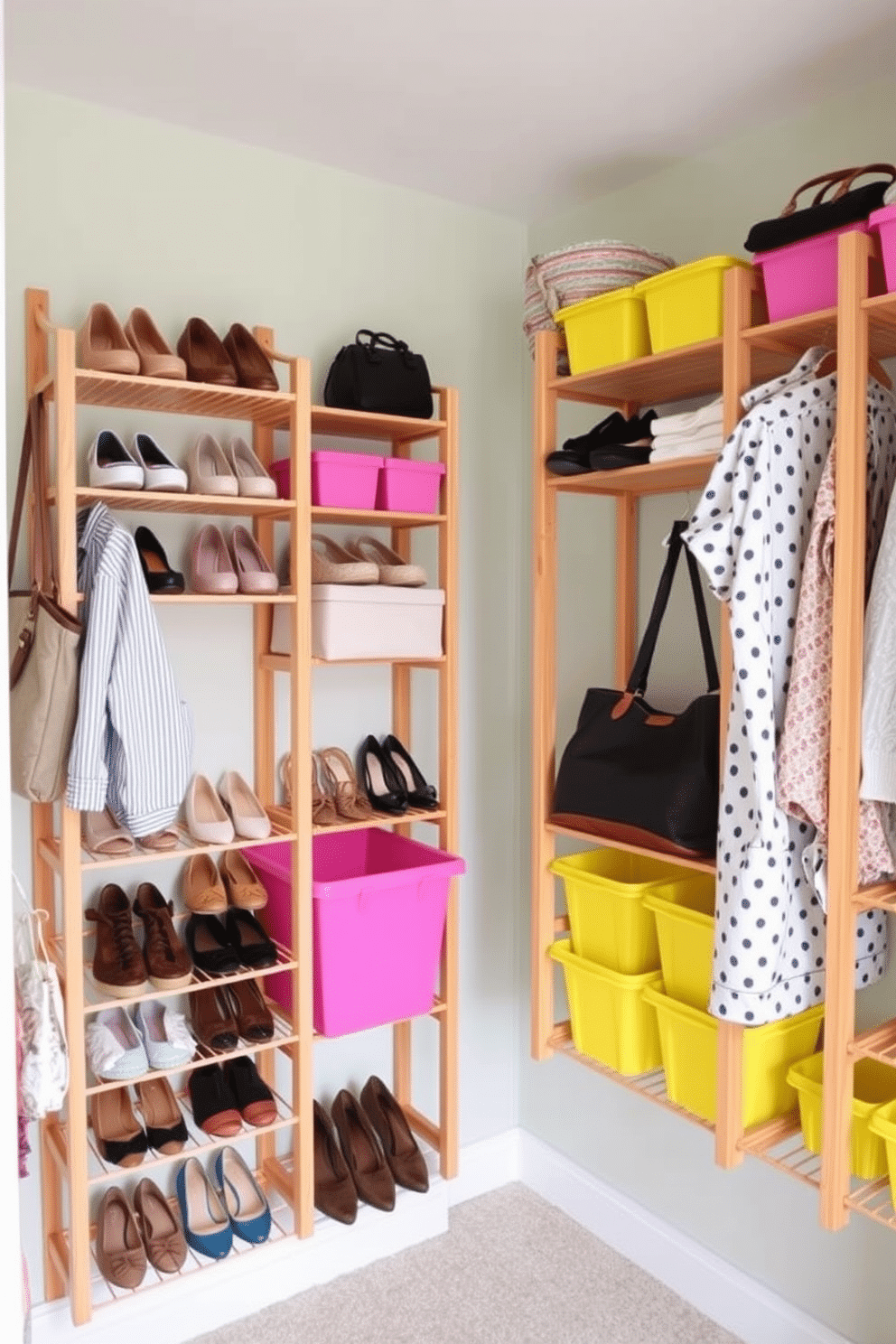 A stylish summer closet featuring wall-mounted racks designed for shoes and bags. The racks are made of natural wood, creating a warm and inviting atmosphere. Brightly colored storage bins are neatly arranged on the shelves, adding a pop of color. The walls are painted in a soft pastel hue, enhancing the cheerful summer vibe.