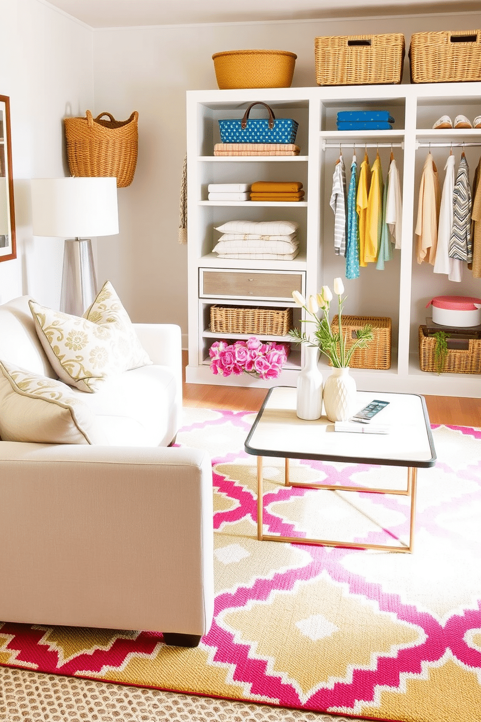 A statement rug in a vibrant geometric pattern anchors the space, adding a pop of color to the room. The rug is placed centrally under a stylish coffee table, enhancing the overall aesthetic of the seating area. For summer closet decorating ideas, consider using light pastel colors to create a fresh and airy feel. Incorporate open shelving to display seasonal accessories and use wicker baskets for organized storage.