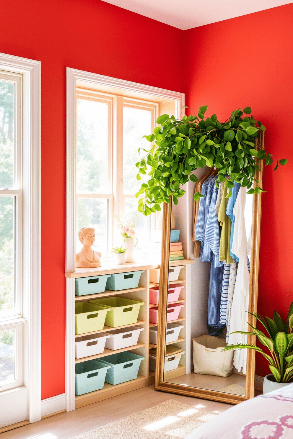 Bright accent walls to energize the room. The walls are painted in a vibrant coral hue, creating a lively atmosphere that complements the natural light streaming in through large windows. Summer closet decorating ideas. The closet features open shelving with neatly arranged pastel-colored bins, and a full-length mirror is framed by lush greenery to enhance the fresh summer vibe.