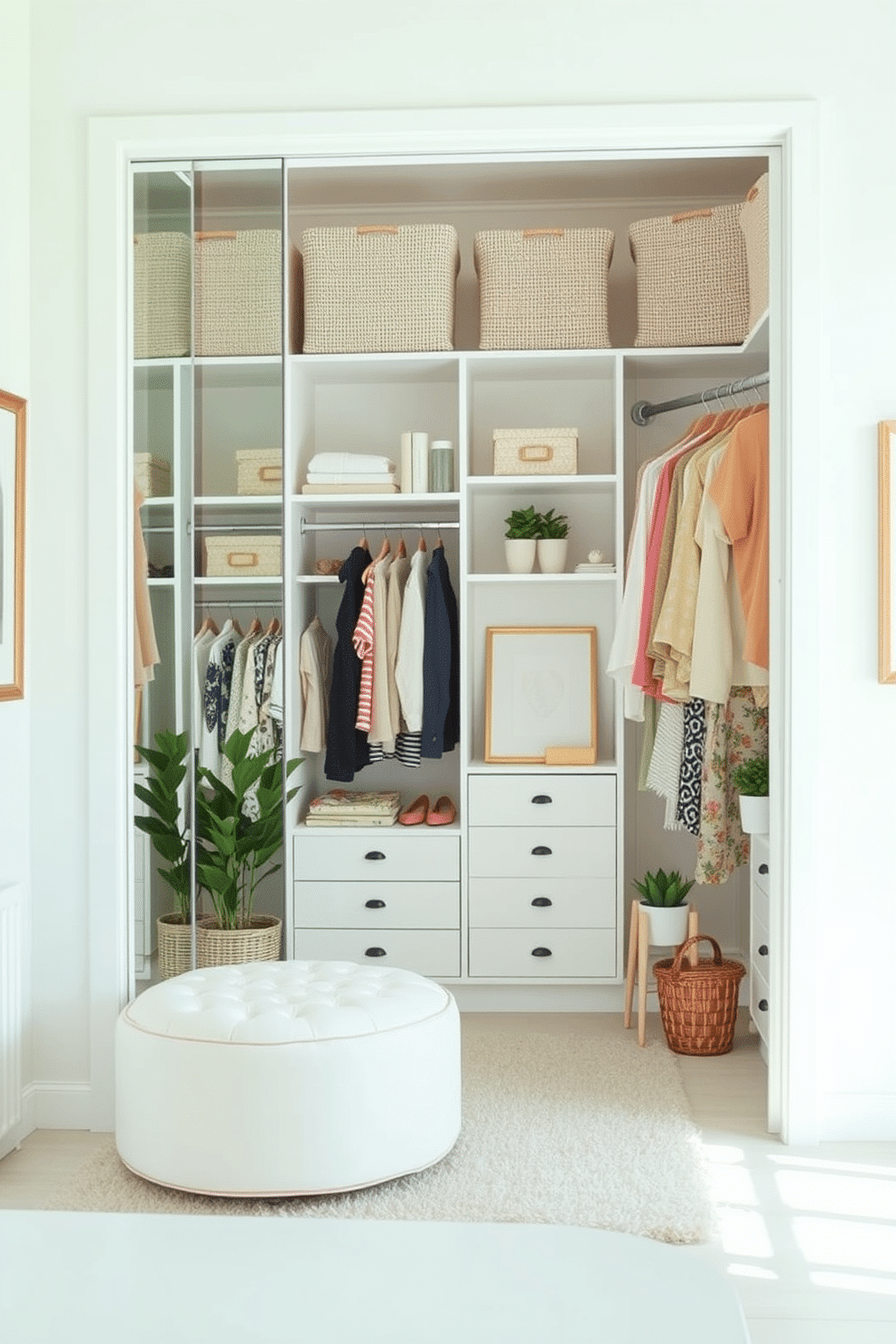 A bright and airy summer closet featuring functional mirrors that reflect natural light and create a sense of depth. The walls are painted in a soft pastel hue, and the shelving is adorned with neatly organized seasonal clothing and accessories. A stylish seating area is included, with a plush ottoman and a small table for convenience. Decorative elements like potted plants and framed artwork enhance the inviting atmosphere of the space.