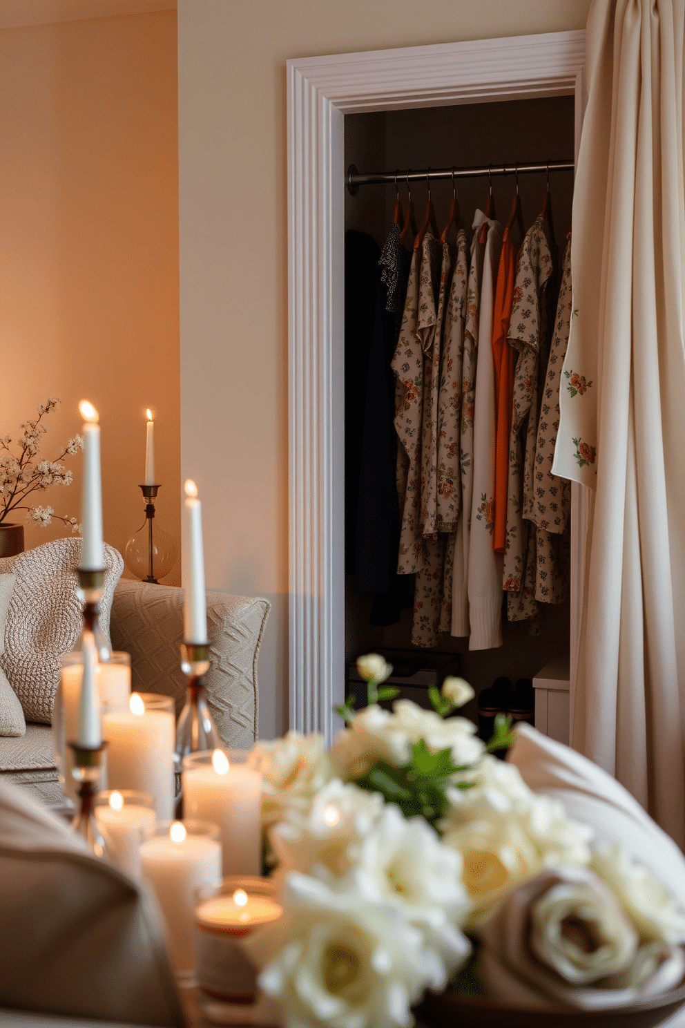 A cozy living space filled with seasonal scents. Soft candlelight flickers from elegantly arranged candles and diffusers, creating a warm and inviting atmosphere. A bright and airy summer closet decorated with vibrant colors. Light fabrics and floral patterns hang alongside neatly organized accessories, reflecting the cheerful essence of the season.