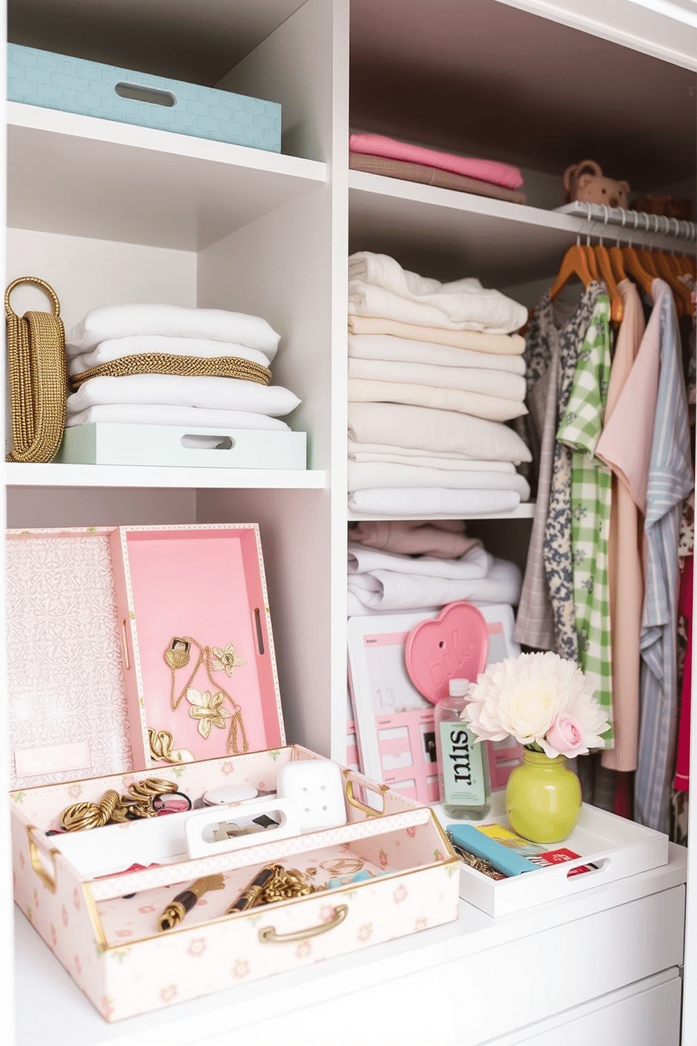 A collection of decorative trays arranged on a stylish shelf. Each tray features unique textures and colors, enhancing the organization of small items like jewelry, keys, and office supplies. Bright and airy summer closet decorated with light pastel colors. Shelves are lined with neatly folded summer clothes, and vibrant accessories add a cheerful touch to the space.