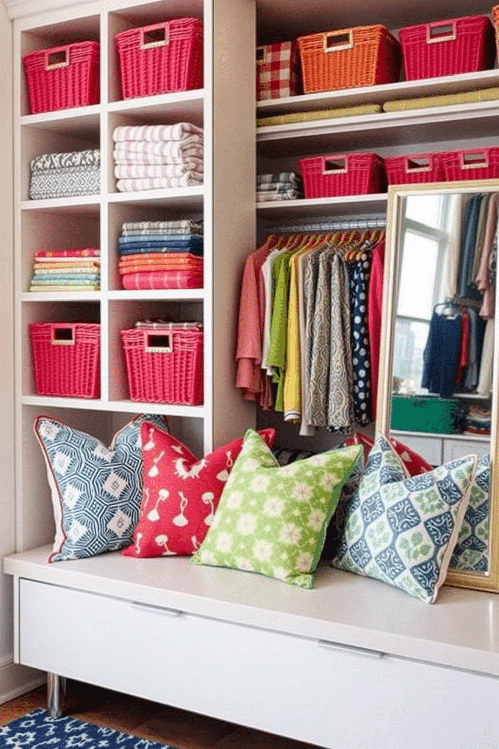 Functional seating with stylish cushions. A sleek bench is placed against the wall, adorned with colorful cushions in various patterns. Summer closet decorating ideas. The closet features open shelving displaying neatly folded summer attire, with vibrant baskets for storage and a large mirror reflecting the light.