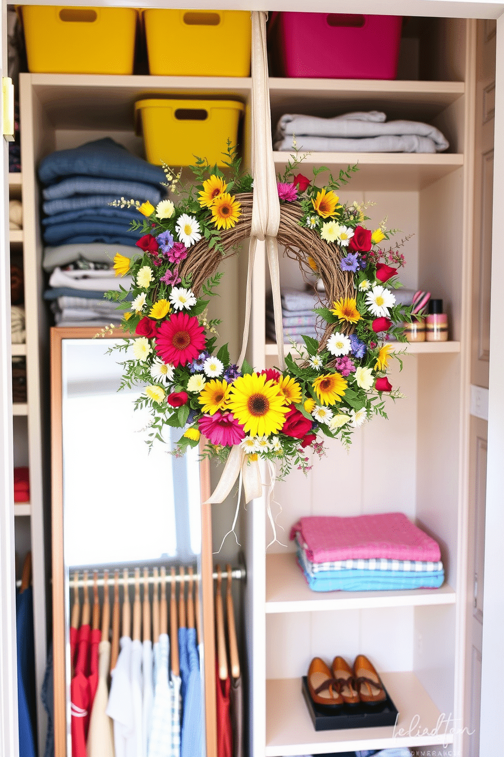 Seasonal wreaths for door or wall decor. A vibrant arrangement of fresh flowers and greenery is woven into a circular base, creating a welcoming focal point. The wreath features colorful blooms like sunflowers and daisies, accented with delicate ribbons. It is designed to evoke the essence of the current season, whether it be spring blossoms or autumn leaves. Summer Closet Decorating Ideas. The closet is organized with light-colored wooden shelves showcasing neatly folded summer clothing and accessories. Brightly colored storage bins are placed on the upper shelves, adding a playful touch to the space. A full-length mirror is positioned to reflect natural light, enhancing the airy feel of the closet.