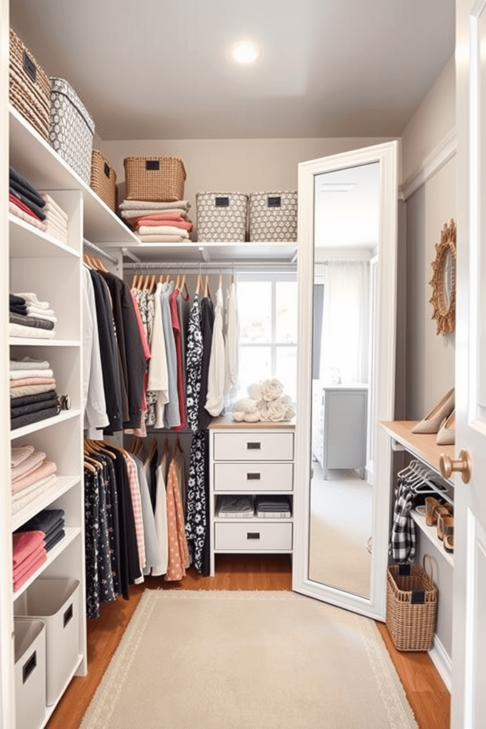 A stylish summer closet featuring creative vertical storage solutions. Shelves extend from floor to ceiling, adorned with neatly folded clothes and decorative bins for accessories. Hanging rods are placed at varying heights to accommodate different clothing lengths, maximizing the use of space. A large mirror is positioned on one wall, reflecting natural light and enhancing the airy feel of the closet.