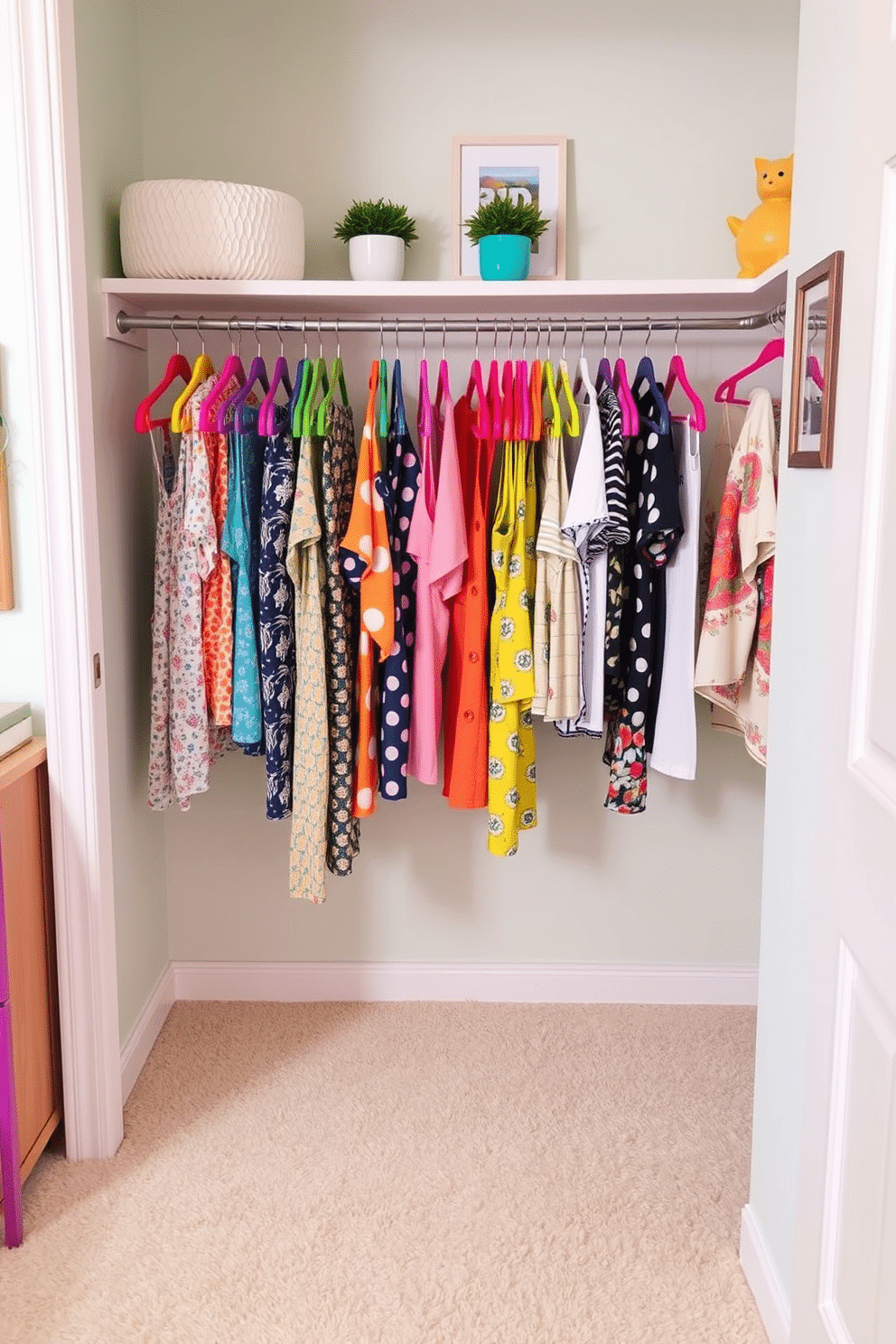 Brightly colored hangers are arranged in a well-organized closet, adding a playful touch to the space. The walls are painted in a light pastel shade, and the floor features a soft, neutral carpet for a cozy feel. Summer clothing items are neatly displayed, showcasing vibrant patterns and lightweight fabrics. Decorative elements like small potted plants and framed art pieces enhance the cheerful atmosphere of the closet.