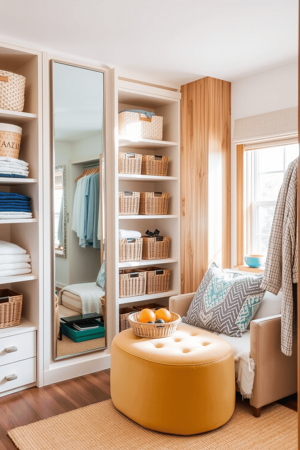 A bright and airy closet space featuring natural wood accents that bring warmth and texture to the design. The shelves are lined with neatly folded clothes, and a large mirror reflects the soft light streaming in from a nearby window. Incorporate vibrant summer colors with decorative baskets and lightweight fabrics. A cozy seating area with a plush ottoman invites relaxation while showcasing seasonal accessories.