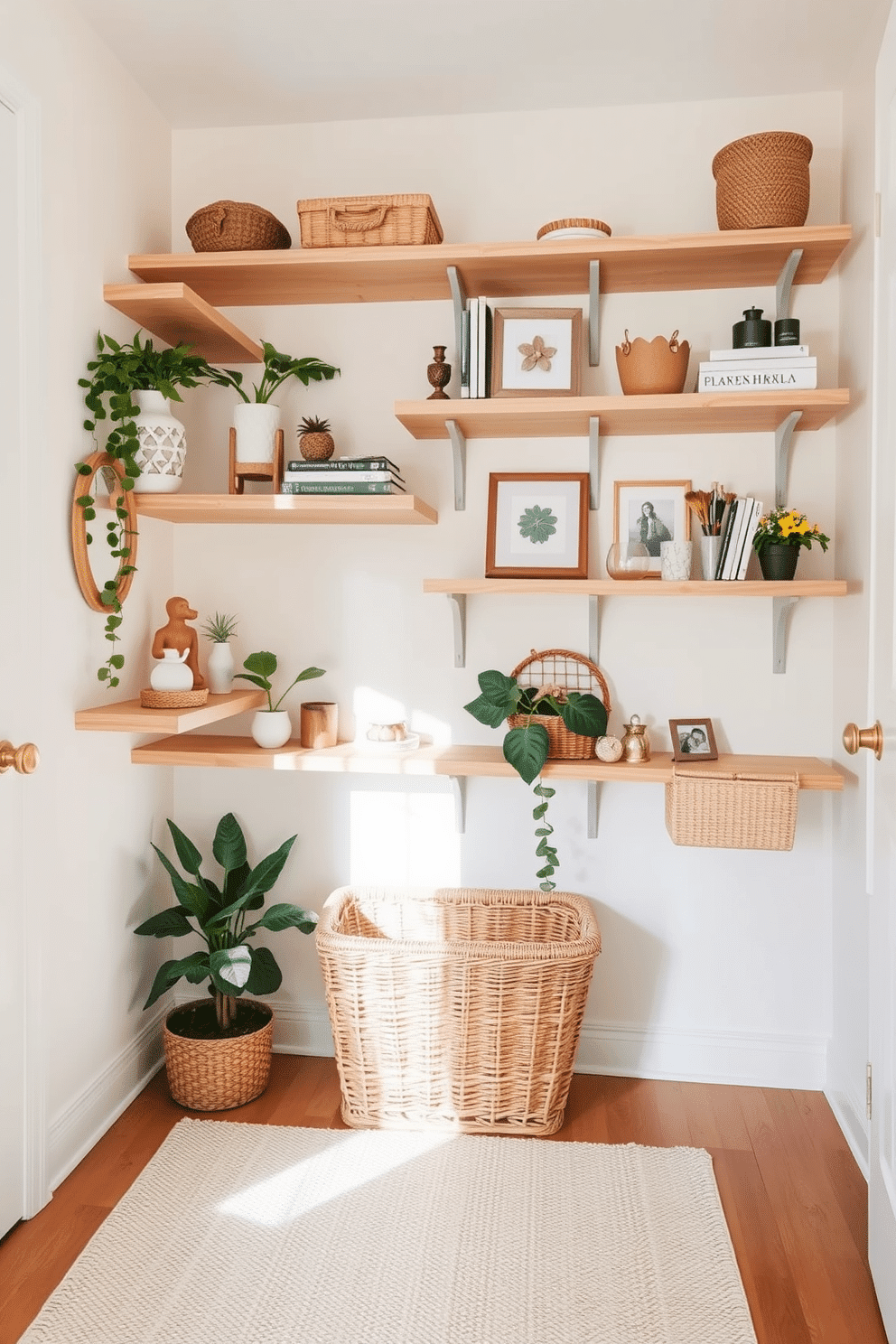 A bright and airy summer closet features floating shelves made of light wood, adorned with an assortment of decorative items and personal treasures. The walls are painted in a soft pastel hue, and the floor is covered with a light-colored woven rug, creating a cozy atmosphere. The floating shelves are arranged at varying heights to add visual interest, showcasing plants, books, and curated decor pieces. A stylish wicker basket sits on the floor beneath the shelves, providing additional storage while enhancing the summer-inspired aesthetic.