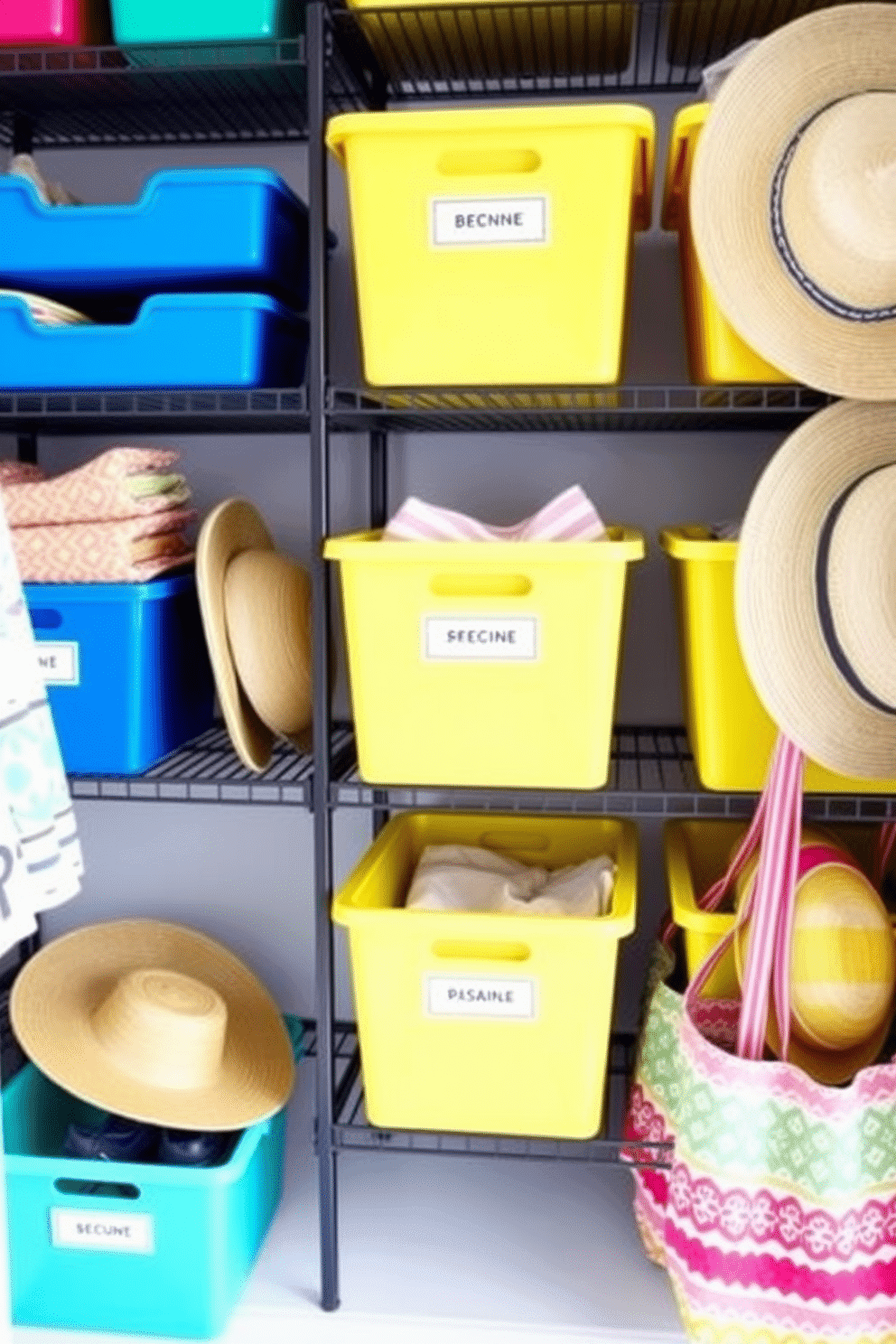 Brightly colored storage bins are arranged neatly on shelves, adding a pop of color to the closet space. Each bin is labeled for easy organization, creating a cheerful and functional environment. For summer closet decorating ideas, lightweight fabrics and bright patterns are used to enhance the space. A mix of seasonal accessories, such as straw hats and colorful beach bags, are displayed to inspire a light and airy feel.