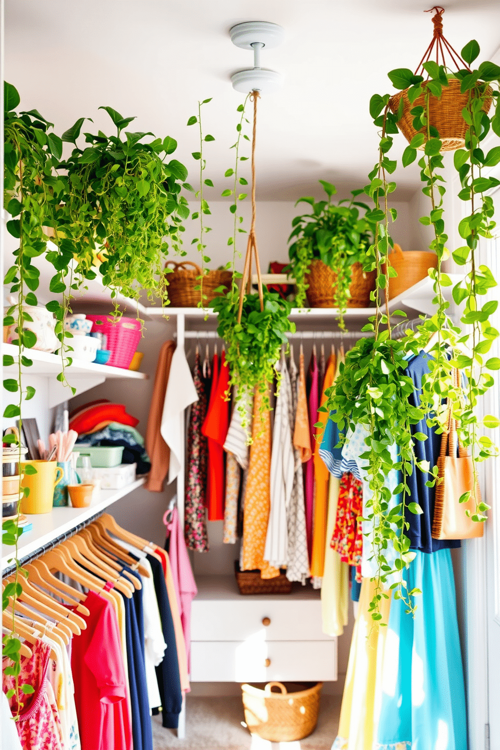 A bright and airy summer closet filled with hanging plants cascading from the ceiling. The shelves are adorned with colorful summer clothing and accessories, creating a vibrant and inviting atmosphere. Lush green hanging plants add a touch of freshness and life to the closet space. Soft natural light filters through the window, enhancing the overall cheerful and relaxed vibe of the room.