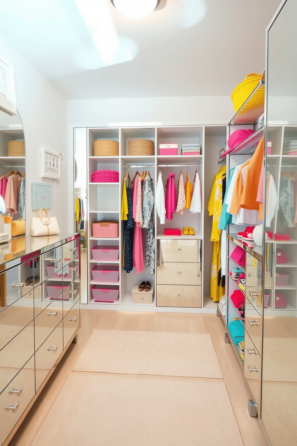 A bright and airy summer closet featuring mirrored furniture that enhances light reflection. The walls are painted in a soft pastel hue, and the floor is adorned with a light-colored rug. Stylish mirrored dressers and shelving units create a sense of spaciousness while reflecting natural light. Fresh summer accessories in vibrant colors are neatly organized, adding a cheerful touch to the overall design.