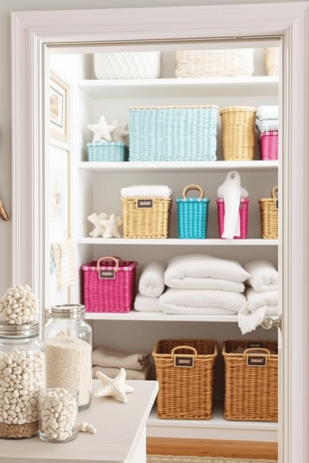 A beach-inspired decor setting featuring soft pastel colors and natural textures. There are decorative elements like seashells and sand displayed in glass jars, creating a serene coastal atmosphere. For summer closet decorating ideas, envision a bright and airy space with open shelving. The shelves are adorned with colorful baskets and neatly folded linens, providing both functionality and style.