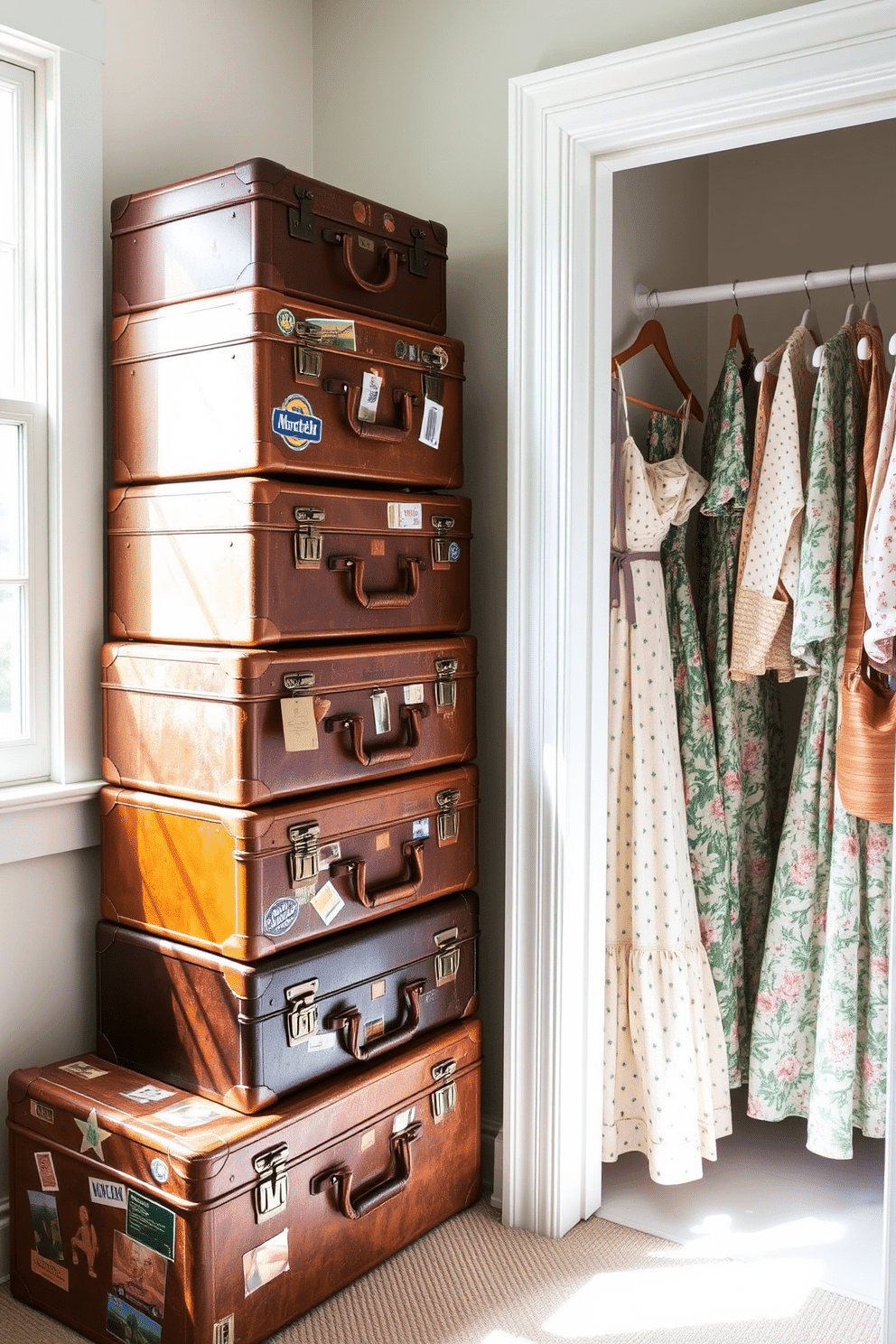 Vintage suitcases stacked artfully in a corner serve as stylish storage solutions. The suitcases are adorned with travel stickers and have a weathered leather finish, adding character to the room. A bright and airy summer closet features light pastel colors and floral patterns. Natural light streams in through a window, illuminating neatly arranged summer dresses and accessories.