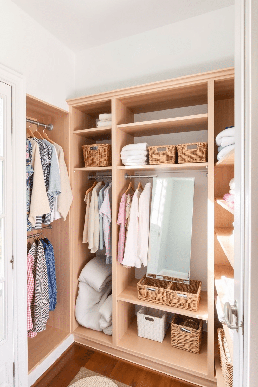 A bright and airy summer closet features open shelving made of light wood, allowing for easy access to neatly arranged clothes. Soft pastel colors dominate the decor, with woven baskets on the shelves for storing accessories and a full-length mirror reflecting the natural light from a nearby window.