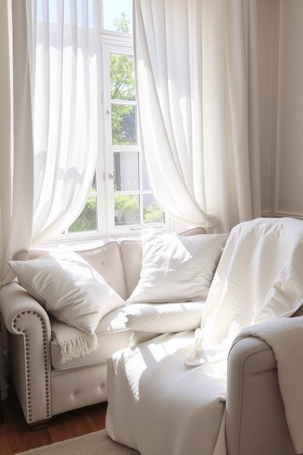 Brighten rooms with fresh white linens. Soft white curtains flutter gently in the breeze, allowing natural light to fill the space. Plush white throw pillows are arranged on a light gray sofa, creating a cozy and inviting atmosphere. A simple white quilt drapes over a sunlit armchair, enhancing the summer vibe.