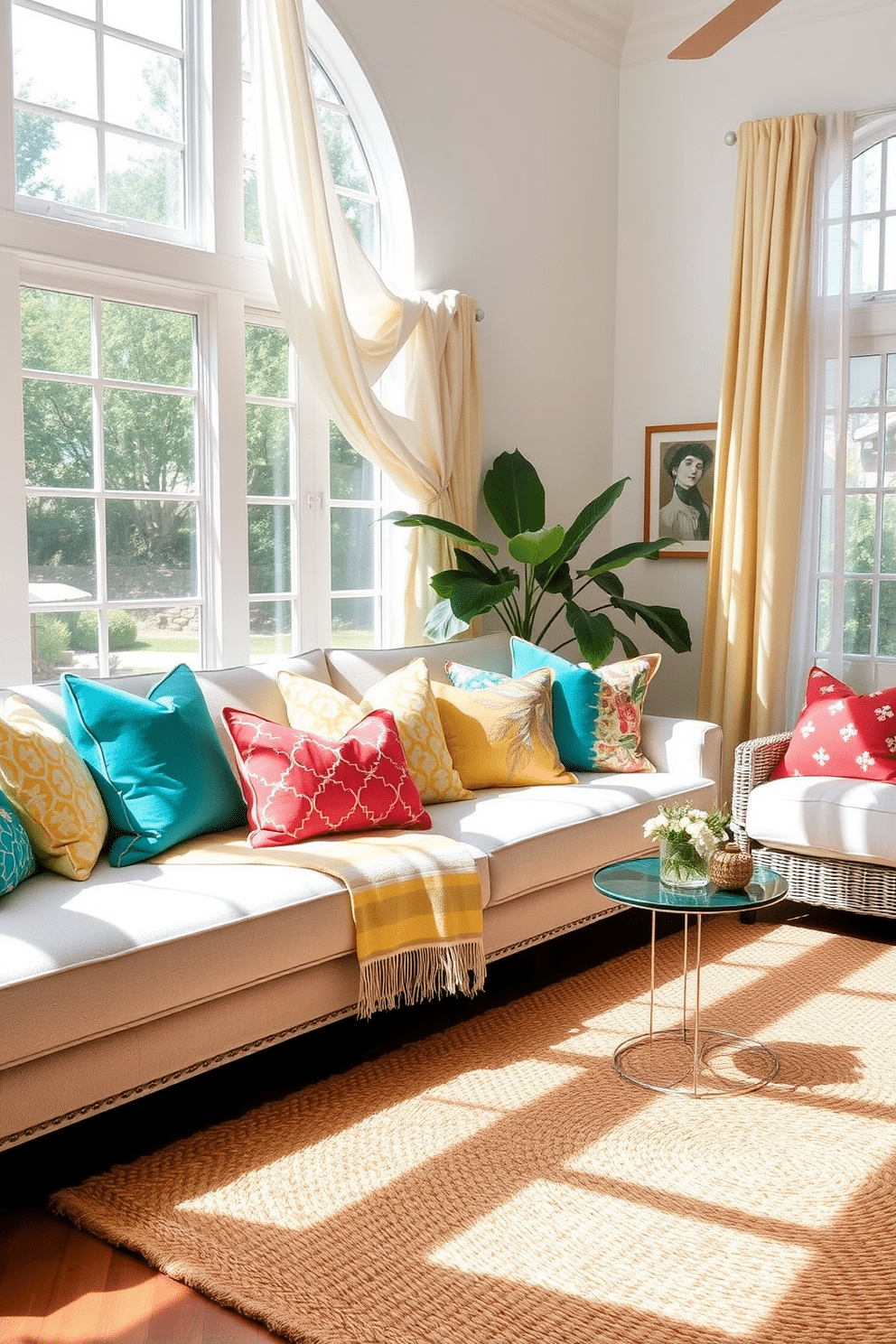 Create a bright and inviting living room filled with colorful accent pillows that add vibrancy to the space. The sofa is upholstered in a neutral fabric, and the pillows feature various patterns and bright hues like turquoise, coral, and sunny yellow. Incorporate light, airy curtains that gently flutter in the summer breeze, enhancing the cheerful atmosphere. A large, woven area rug anchors the seating area, providing texture and warmth to the room.