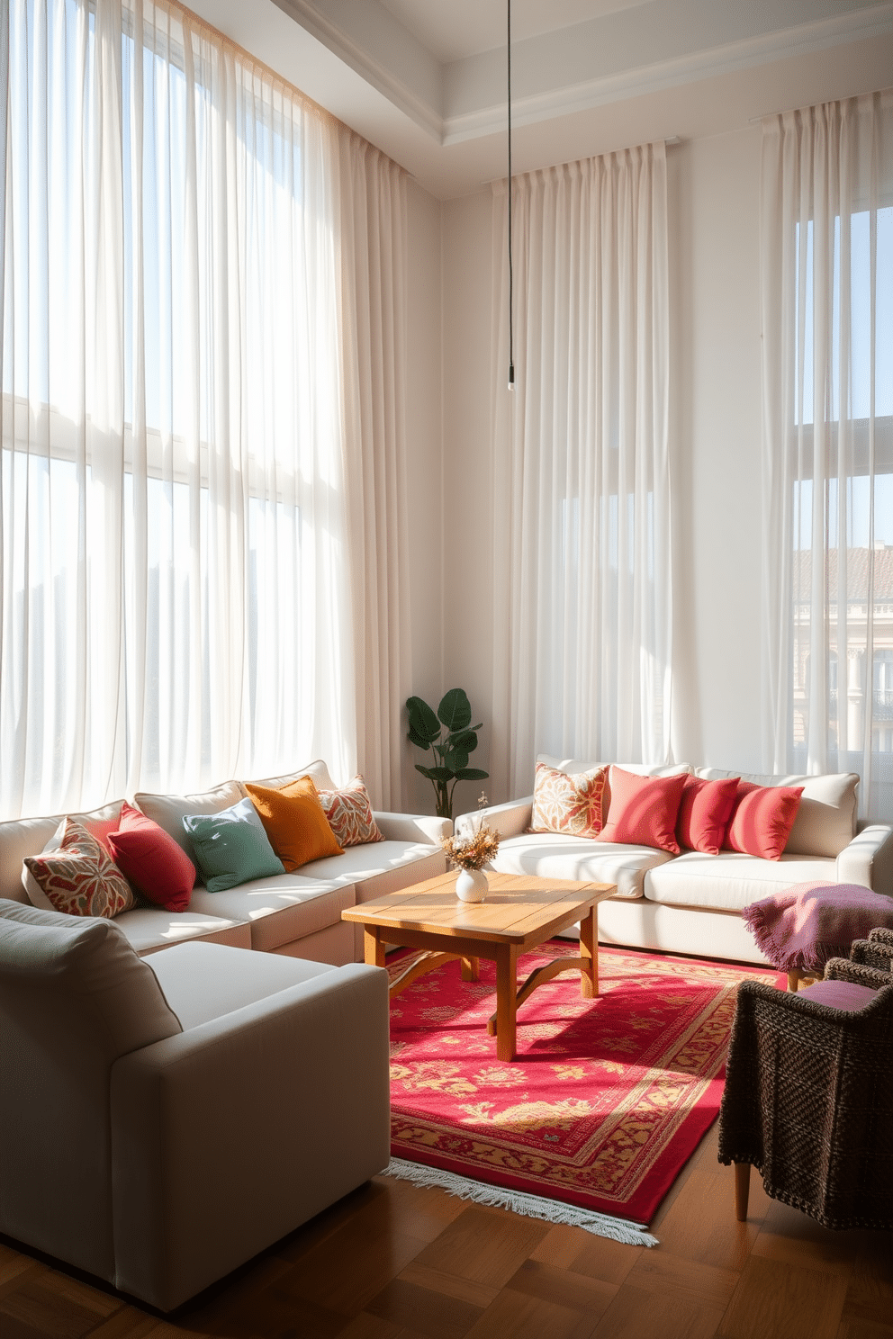 A bright and airy living room filled with natural light. Lightweight sheer curtains frame large windows, allowing gentle breezes to flow through the space. The room features a comfortable sectional sofa adorned with colorful throw pillows. A light wooden coffee table sits in the center, surrounded by a vibrant area rug that adds warmth to the decor.