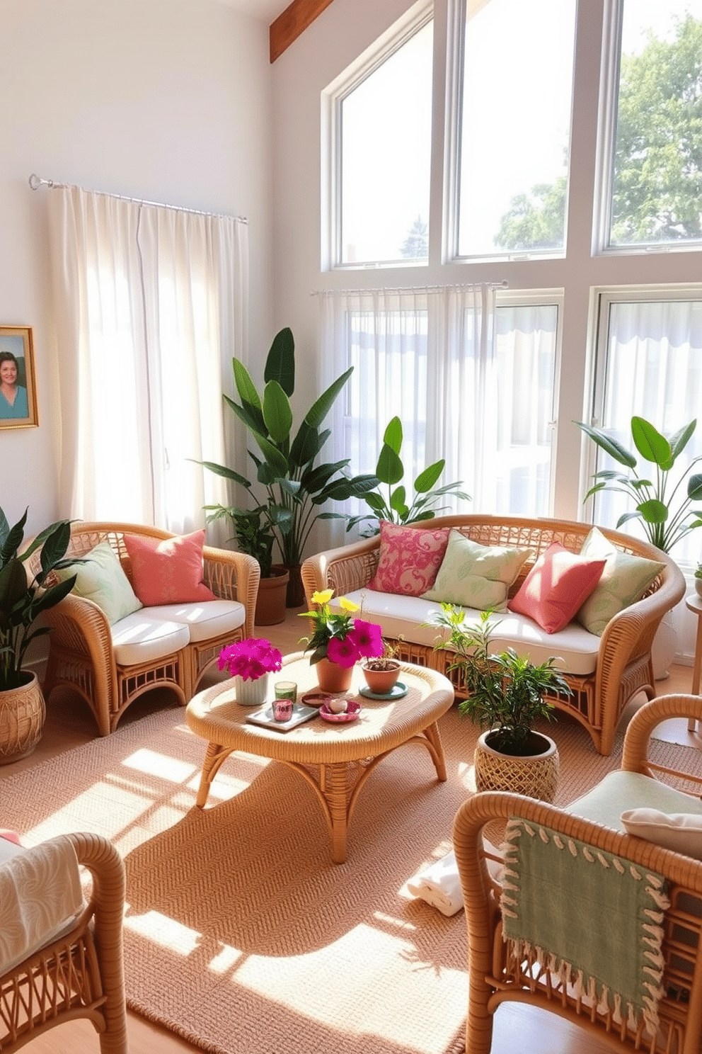 A bright and airy living room filled with rattan furniture that exudes a summery vibe. The space features a comfortable rattan sofa adorned with colorful throw pillows and a matching coffee table surrounded by vibrant potted plants. Natural light floods the room through large windows draped with sheer white curtains. A woven rug in soft tones anchors the seating area, creating a cozy and inviting atmosphere perfect for relaxation.