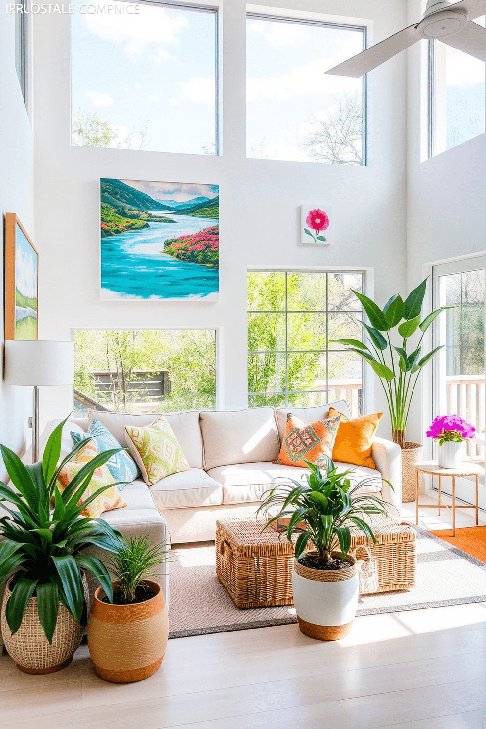 A bright and airy living room featuring large windows that invite natural light. The walls are adorned with outdoor-inspired artwork depicting serene landscapes and vibrant florals. A cozy seating area includes a light-colored sofa with colorful throw pillows and a woven coffee table. Fresh greenery in decorative pots enhances the summer vibe, creating a refreshing and inviting atmosphere.