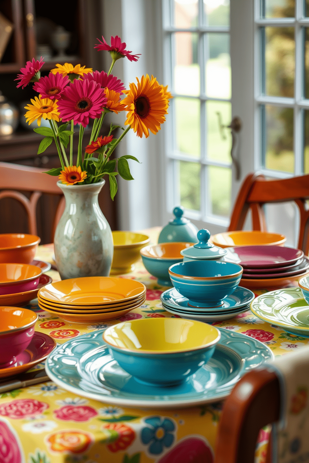 A vibrant dining table setting featuring an array of bright ceramic dishes in various colors and patterns. The table is adorned with a cheerful tablecloth and fresh flowers in a colorful vase, creating a welcoming summer atmosphere.