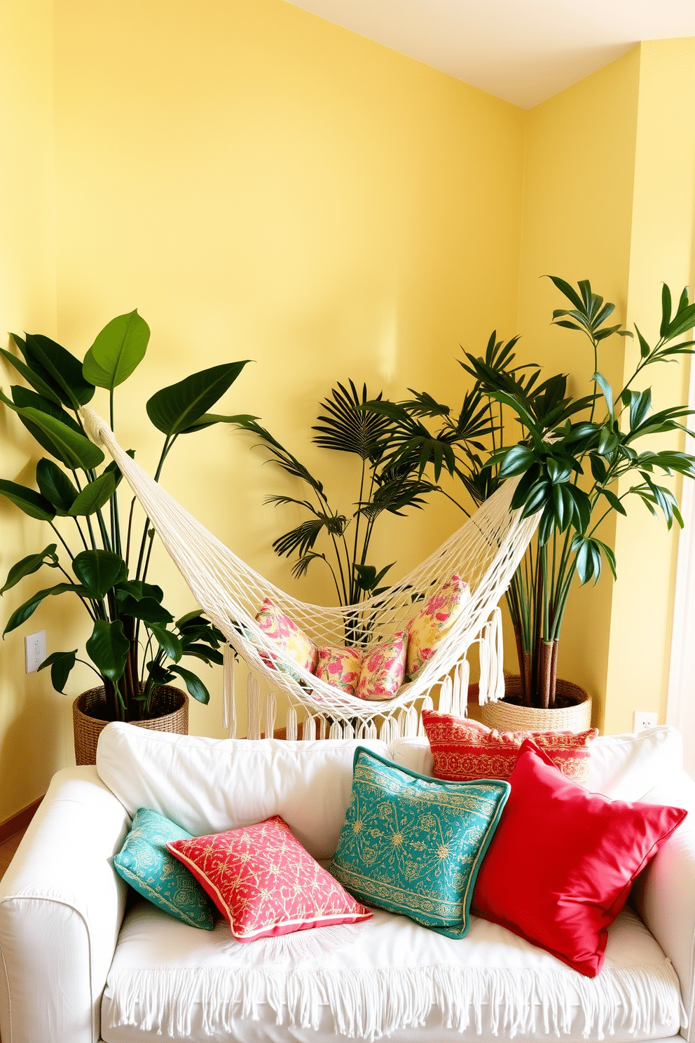 A bright and airy living room filled with summer vibes. The space features a cozy indoor hammock draped between two large potted plants, inviting relaxation and leisure. The walls are painted in a soft pastel yellow, creating a cheerful atmosphere. A collection of colorful throw pillows is scattered on a plush white sofa, complementing the vibrant decor.