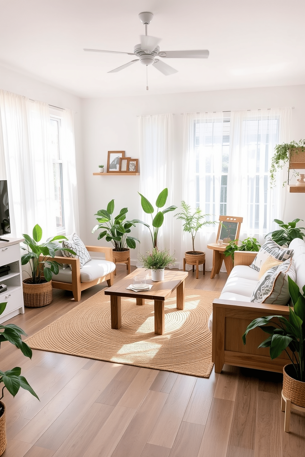 A bright and airy living room filled with natural light. There are large windows draped with sheer white curtains, allowing the sun to illuminate the space. The furniture features natural wood elements, including a reclaimed wood coffee table and a light oak sofa. A woven jute rug anchors the seating area, adding texture and warmth. Plants are strategically placed around the room, bringing a refreshing touch of greenery. Decorative wooden accents, such as picture frames and shelves, complement the summer theme.