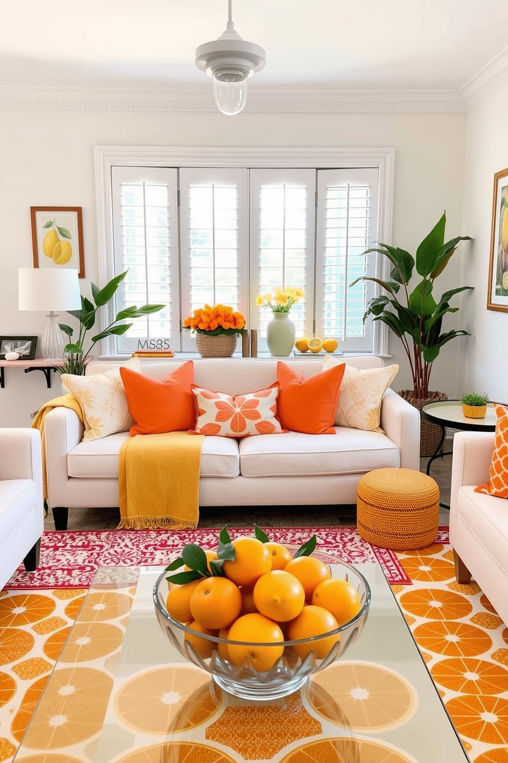 A bright and airy living room filled with citrus-themed decor. Vibrant orange and lemon accents are scattered throughout, including throw pillows, artwork, and a cheerful area rug. The walls are painted in a soft white to enhance the freshness of the decor. A large bowl of assorted citrus fruits sits on the coffee table, adding a pop of color and a refreshing scent to the space.