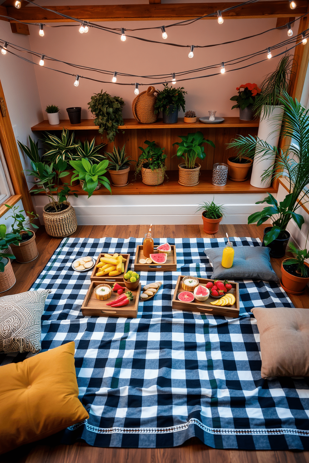 A charming indoor picnic-style dining area is set up with a large, checkered picnic blanket spread across a wooden floor. Surrounding the blanket are a mix of low cushions and rustic wooden trays filled with fresh fruits, sandwiches, and refreshing drinks. Above, string lights are draped across the ceiling, casting a warm glow over the space. Potted plants in various sizes are placed around the area, adding a touch of greenery and a relaxed summer vibe.