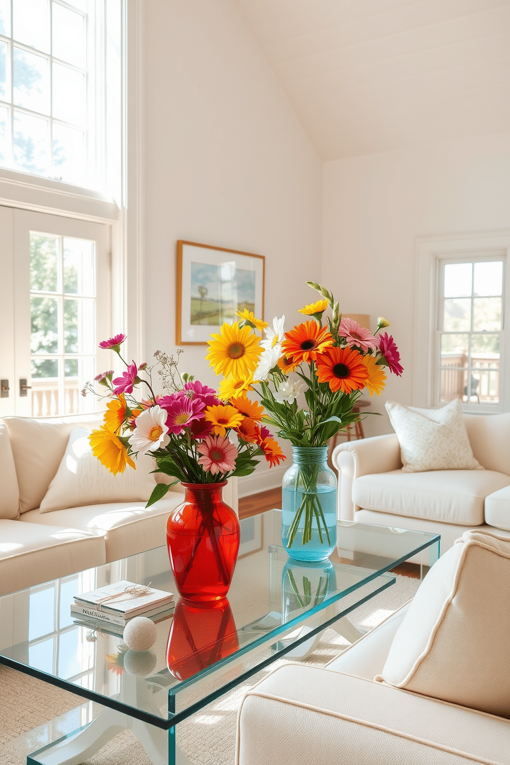 A bright and airy living room filled with natural light. Fresh flowers in vibrant vases are placed on a glass coffee table, adding a pop of color to the space. The walls are painted in a soft pastel hue, creating a cheerful atmosphere. Comfortable seating in light fabrics complements the summer theme, inviting relaxation and enjoyment.