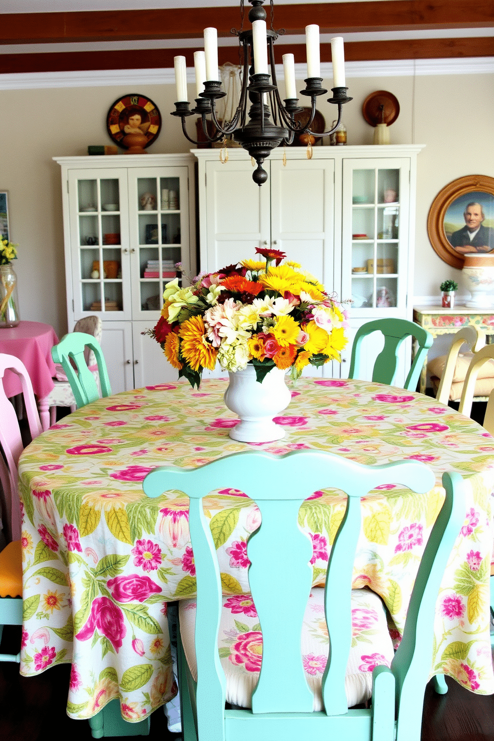 A vibrant dining room setting filled with summer charm. The table is adorned with colorful patterned tablecloths featuring floral designs, creating a festive atmosphere. Surrounding the table are elegant mismatched chairs, each painted in a different pastel hue. Fresh flowers in a variety of colors are arranged in a large vase at the center, enhancing the cheerful decor.