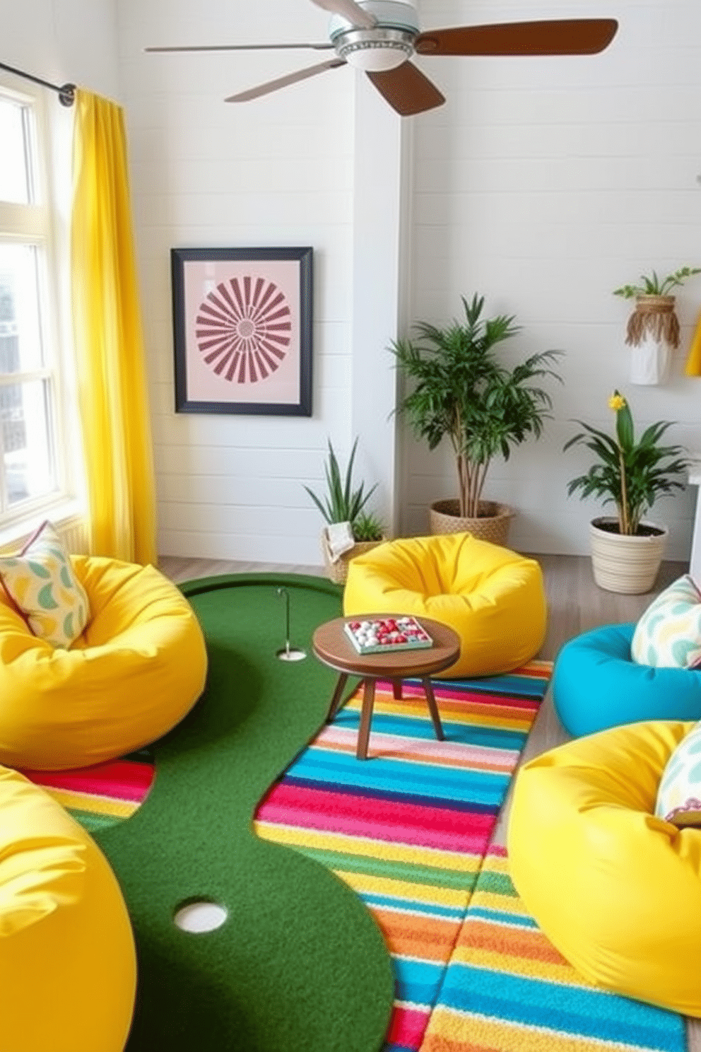 Create a vibrant indoor space that captures the essence of summer with playful outdoor games. Incorporate a large colorful rug to define the area, surrounded by bean bags and cushions for comfortable seating. Design a whimsical corner featuring a mini putting green alongside a small table for board games. Use bright, cheerful colors for the decor, such as yellow and turquoise, to enhance the fun, summery atmosphere.