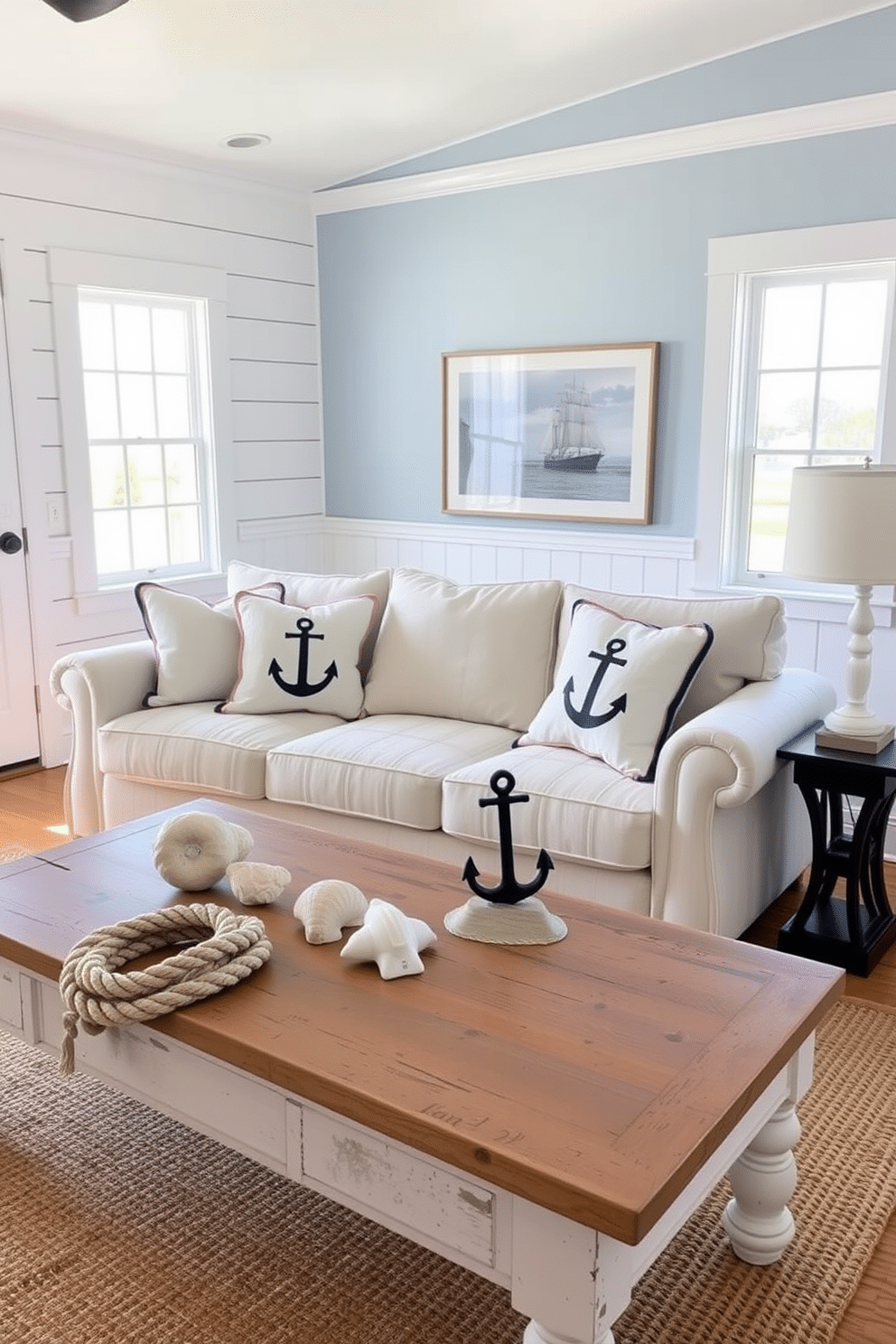 A bright and airy living room with nautical elements that evoke a coastal vibe. The walls are painted in a soft blue hue, complemented by white shiplap accents and a large window that lets in plenty of natural light. A cozy sofa in a light beige fabric is adorned with throw pillows featuring anchor motifs. A jute rug anchors the space, while decorative ropes are casually draped over a wooden coffee table alongside seashells and a small anchor sculpture.