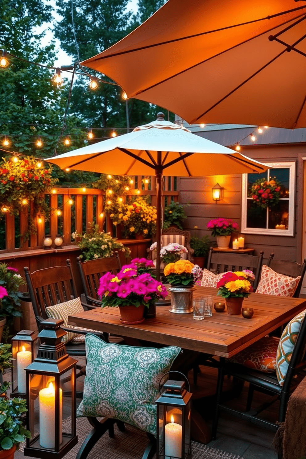 A cozy outdoor space adorned with string lights creating a warm and inviting atmosphere. The area features a rustic wooden table surrounded by comfortable chairs, decorated with vibrant summer flowers in colorful pots. A large umbrella provides shade over the dining area, while soft cushions in bright patterns add a pop of color. Lanterns with flickering candles are scattered around, enhancing the enchanting summer vibe.